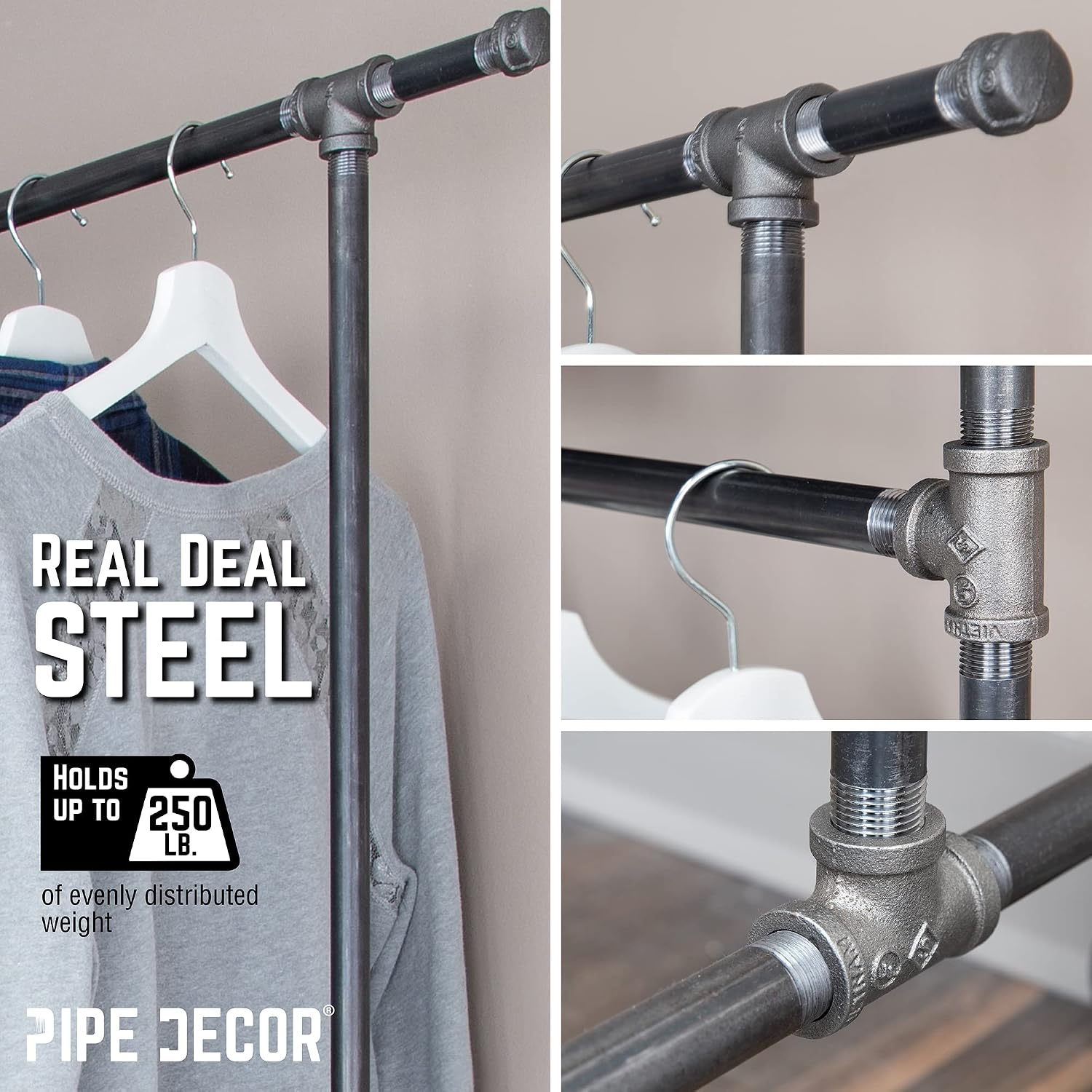 PIPE DECOR 39' x 20 ¼' x 82' Rolling Steel Pipe Double Rod Clothing Rack, Commercial or Residential Industrial Clothes Display, Heavy Duty Black Steel Metal Wheeled Garment Frame
