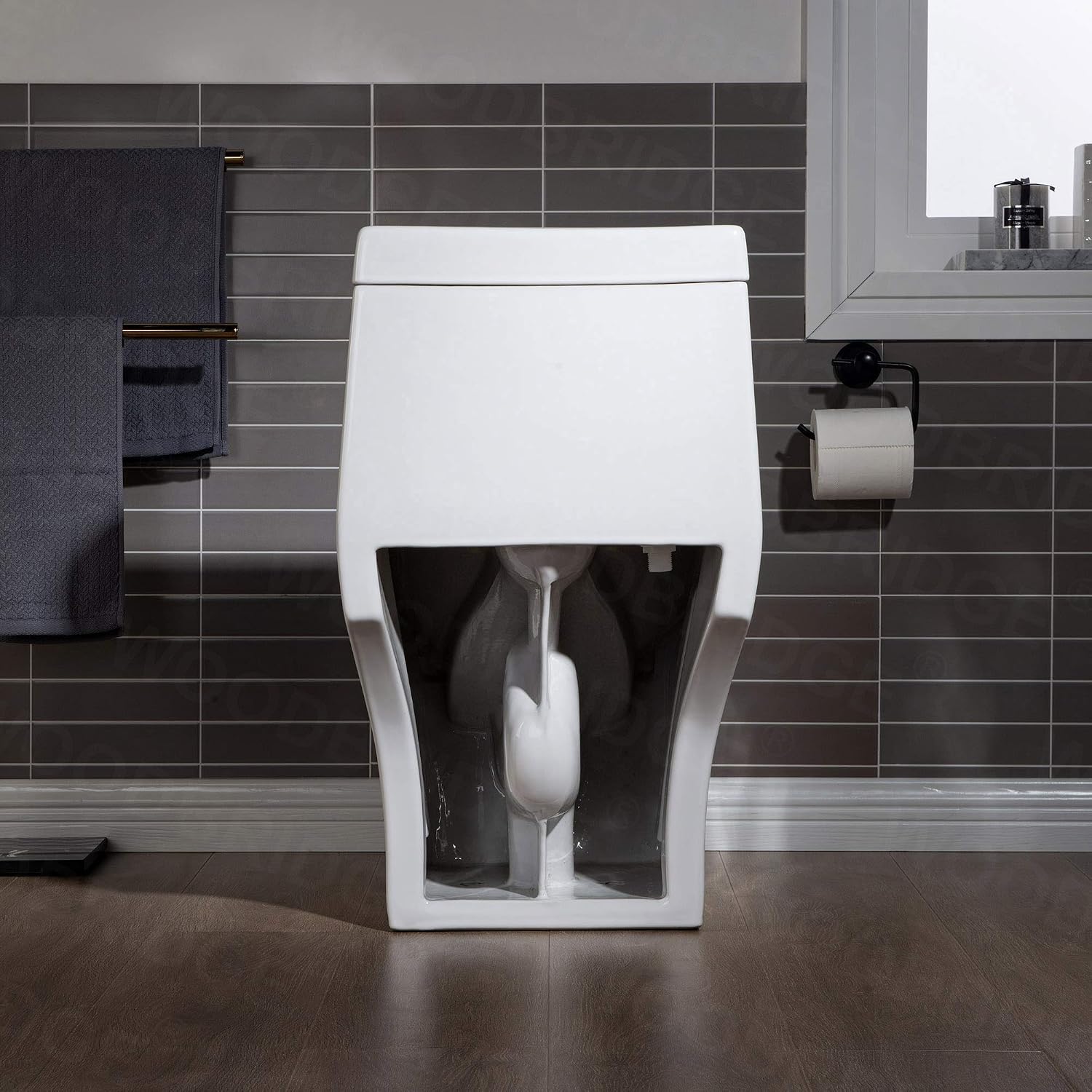 WOODBRIDGEE One Piece Toilet with Soft Closing Seat, Chair Height, 1.28 GPF Dual, Water Sensed, 1000 Gram MaP Flushing Score Toilet with Mattle Black, White,B0940-F-MB