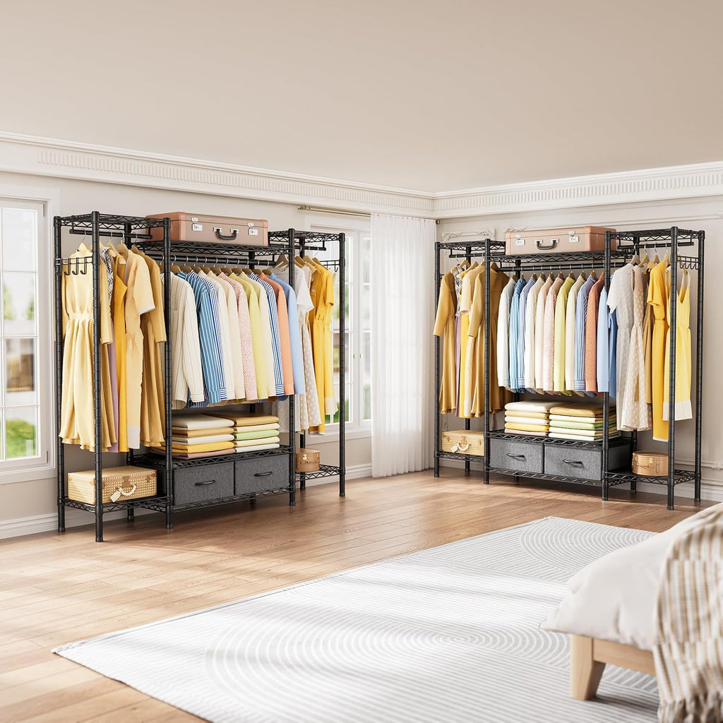 Golpart Coat Rack Clothes Wardrobe：Closet Organizer and Storage Clothing Garment Rack with Shelves Heavy Duty for Hanging Clothes Portable Adjustable Black 15.8' DX61 WX76.5 H