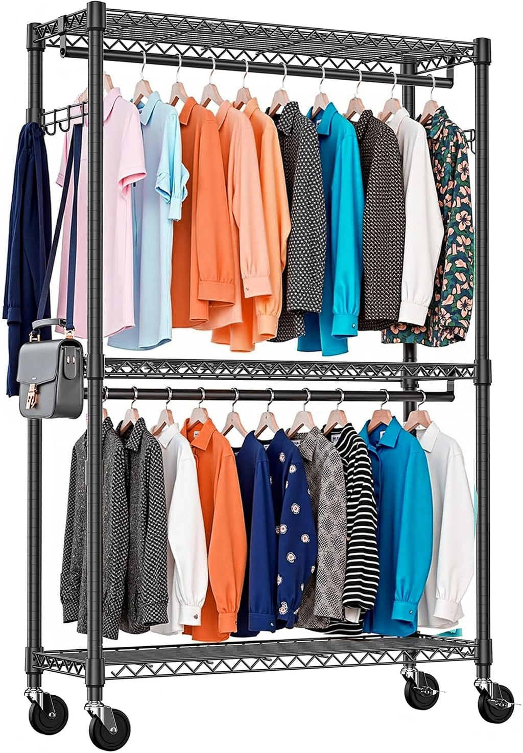 3-Tier High-Strength Rolling Garment Rack Adjustable Wire Shelving Clothing Closet Storage with 2 Hanging Rods Side Hooks Wheels Black 15.7' D x 45.3' W x 79.6' H