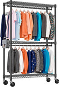 3-Tier High-Strength Rolling Garment Rack Adjustable Wire Shelving Clothing Closet Storage with 2 Hanging Rods Side Hooks Wheels Black 15.7' D x 45.3' W x 79.6' H