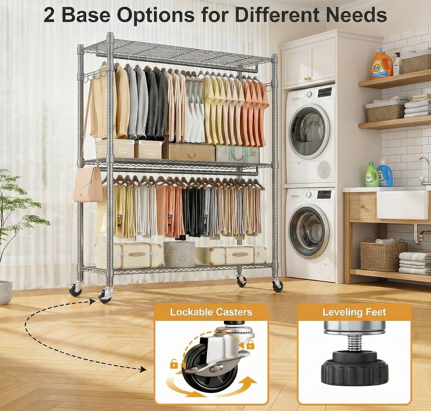 Homdox Rolling Clothes Rack Heavy Duty, 3-Tier Adjustable Wire Shelving Garment Organizer with Double Rods & Hooks, Portable Clothes Rack with Wheels, 17.72' D x 47.24' W x 80.71' H, Grey