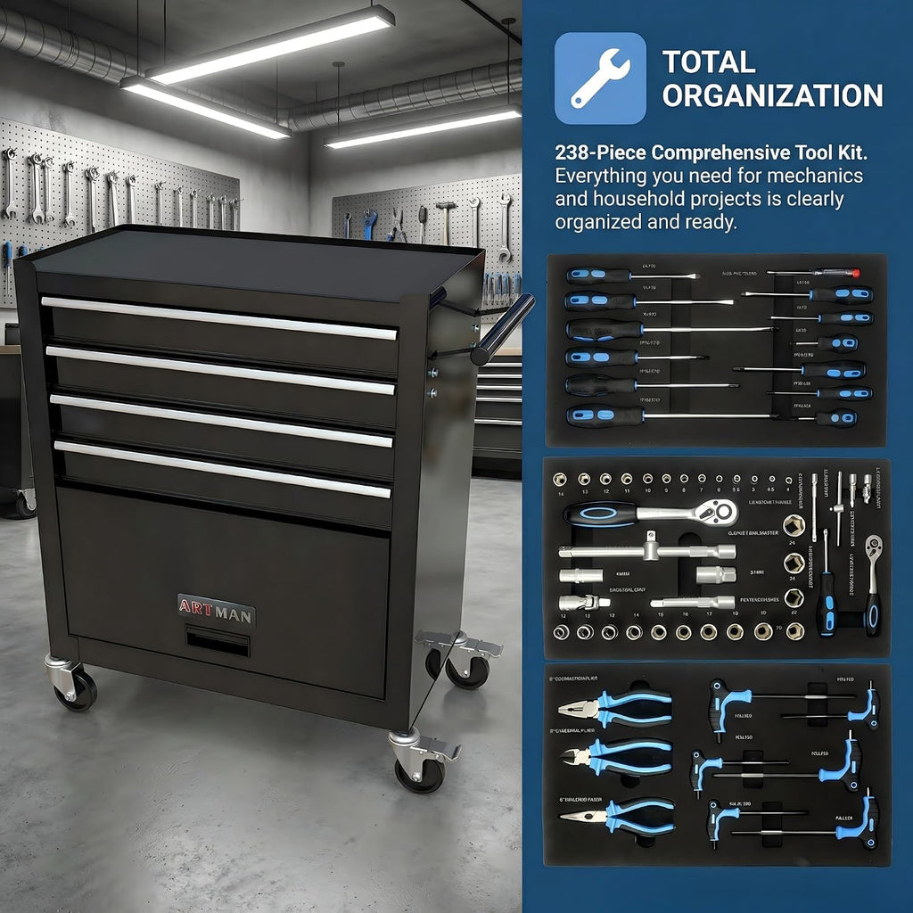 Tool Box Set, 439-Piece Mechanic's Tool Kit, 4-Drawer High Capacity Tool Chest, Lockable Storage Organizer with Sliding Drawers for Home & Garage Repair (Black+238PCS)
