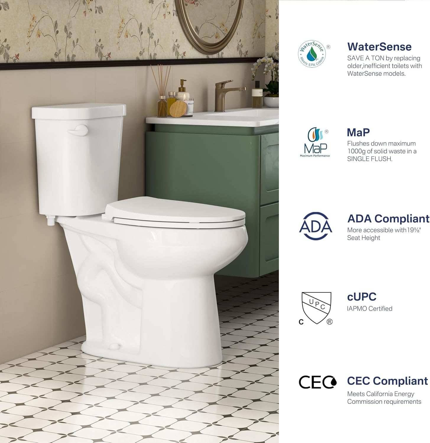 Eridanus Tall Two Piece Toilet, ADA Compliant Chair Height 19.7', Elongated Toilets Bowl 19' with Soft Close Seat, Single Flush 1.28 GPF Powerful Siphon, 12' Rough-In Floor Mounted Commode for Seniors