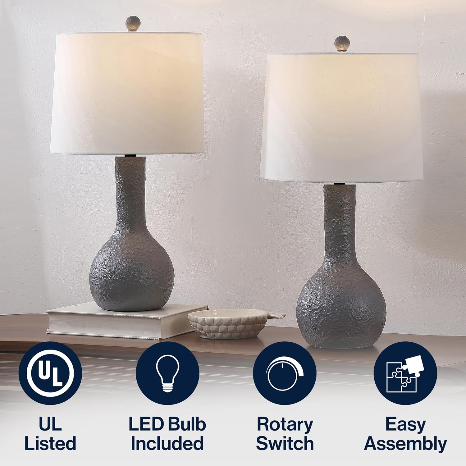 JONATHAN Y 24.75' Gray Modern Table Lamp Set of 2 for Bedroom, Scandinavian Textured Gourd Lamps for Living Room, White Linen Shade, LED Bulbs Included (JYL9207B-SET2)