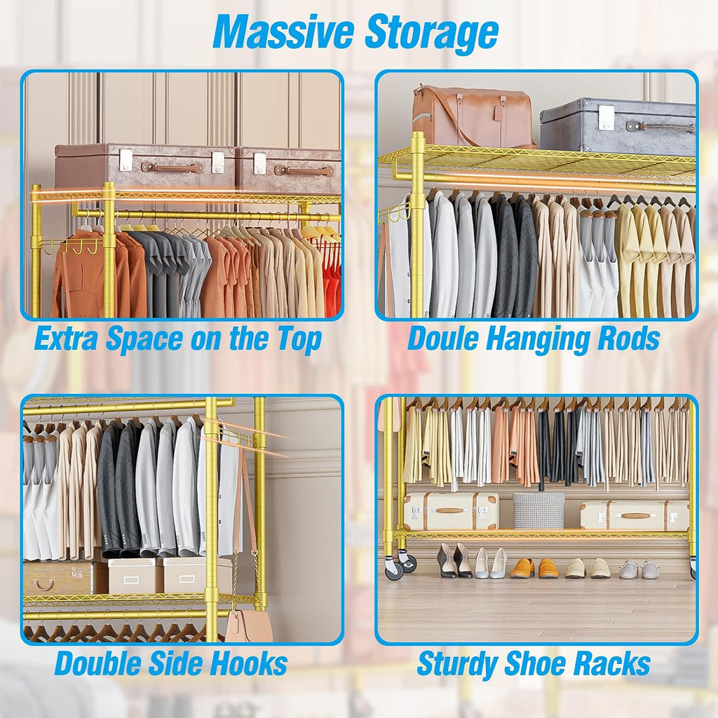 Homdox Gold Heavy Duty Clothes Rack with Wheels, 3-Tier Rolling Metal Garment Organizer with Double Hanging Rods & Hooks, Freestanding Portable Closet, 17.72' D x 47.24' W x 80.71' H