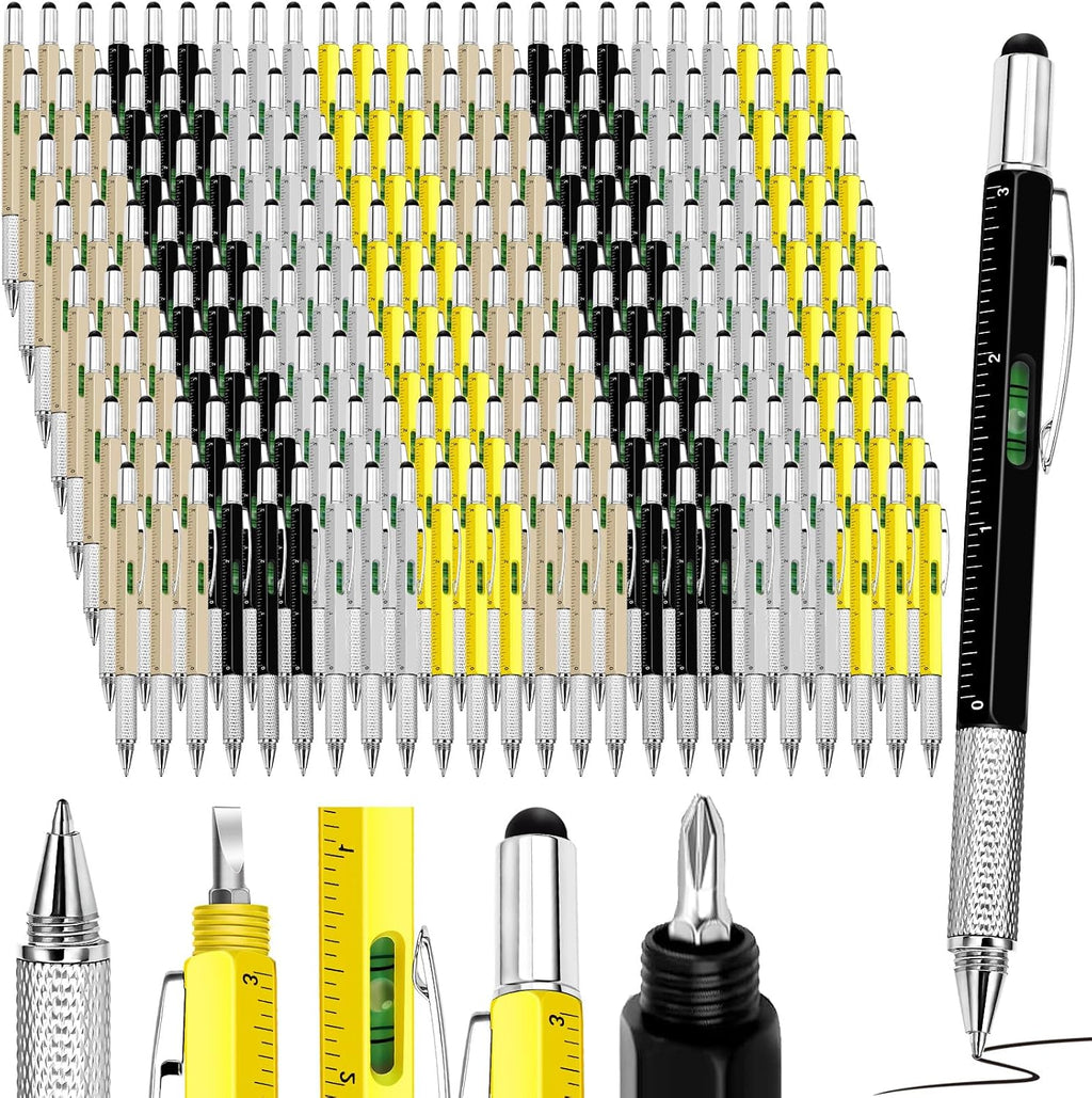 Zhanmai 300 Pcs Gift for Men Multitool Pen 6 in 1, Screwdriver Tool Multi Functional Pen for Dad Husband Grandpa Birthday Gift Level Ballpoint Stylus (Gold, Black, Silver, Yellow)