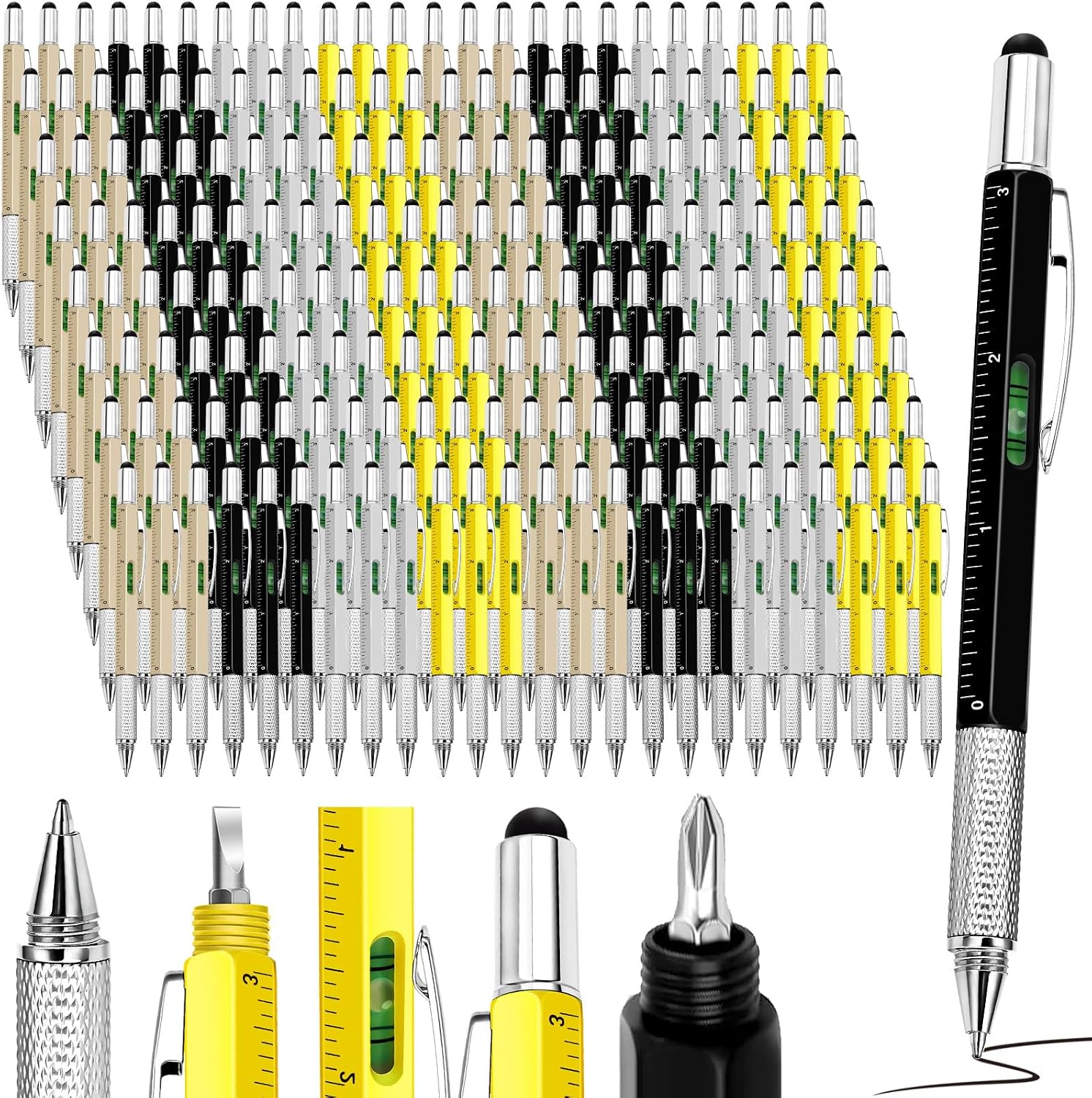 Zhanmai 300 Pcs Gift for Men Multitool Pen 6 in 1, Screwdriver Tool Multi Functional Pen for Dad Husband Grandpa Birthday Gift Level Ballpoint Stylus (Gold, Black, Silver, Yellow)
