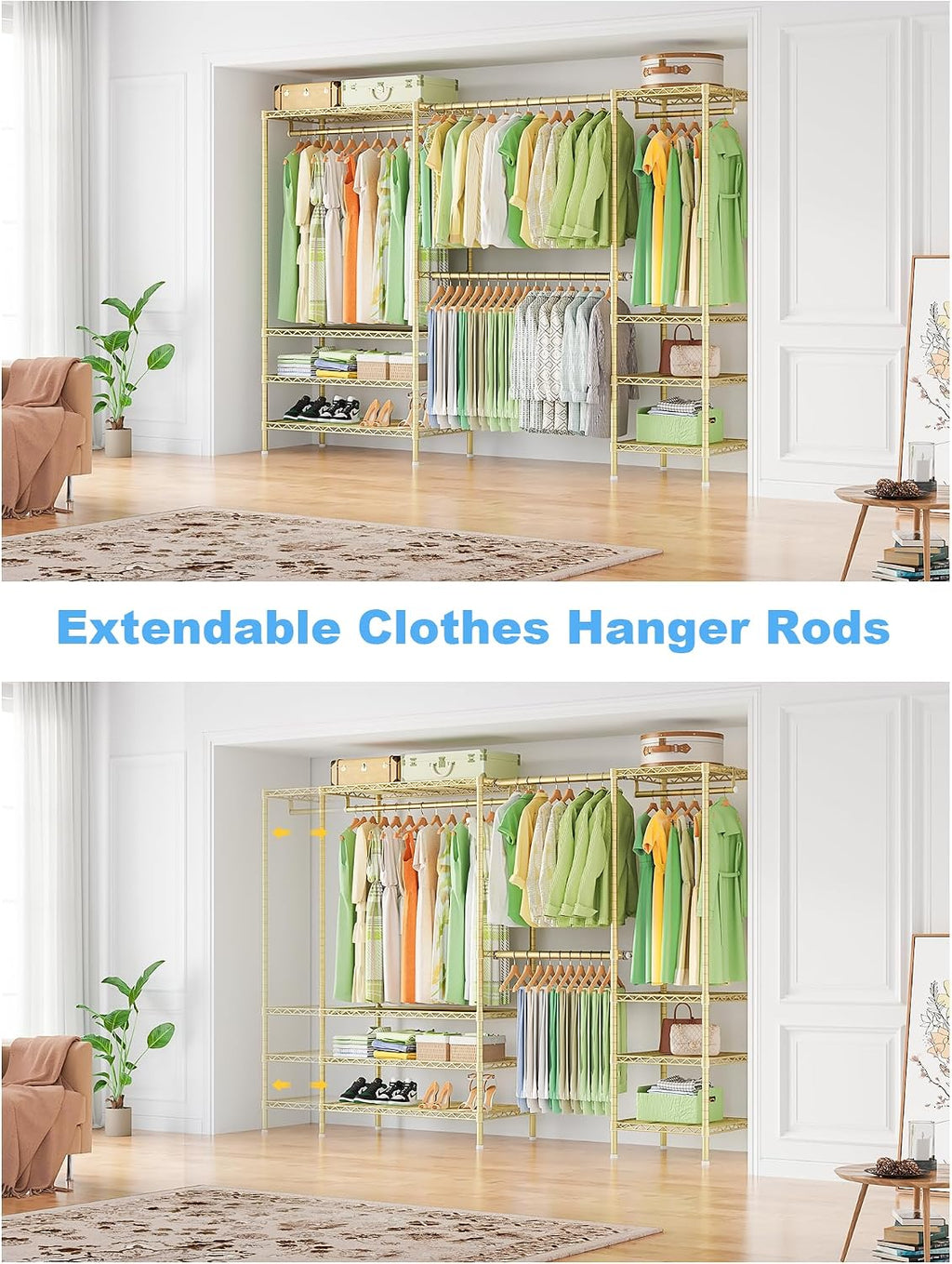 Ulif E11 Heavy-Duty Garment Rack, Metal Freestanding Clothes Rack and Closet Storage Organizer System with 8 Shelves and 4 Hanger Rods, (73.2-97.6)' W x 14.5' D x 71.2' H, Load 1034 LBS, Gold