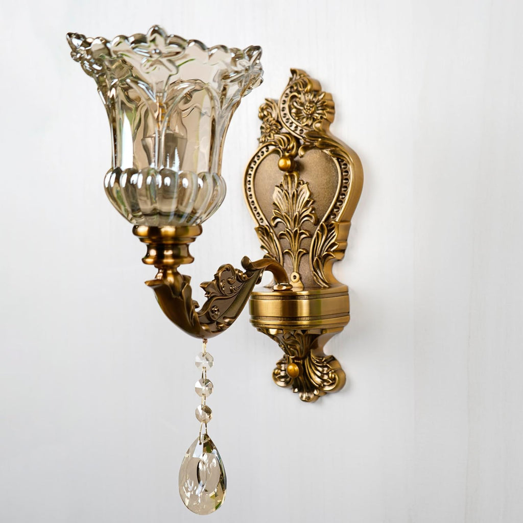 Glass Wall Sconce Set of 2, Antique Brass Wall Light, Crystal Floral Bedside Wall Lamp for Entrance, Bedroom, Hallway