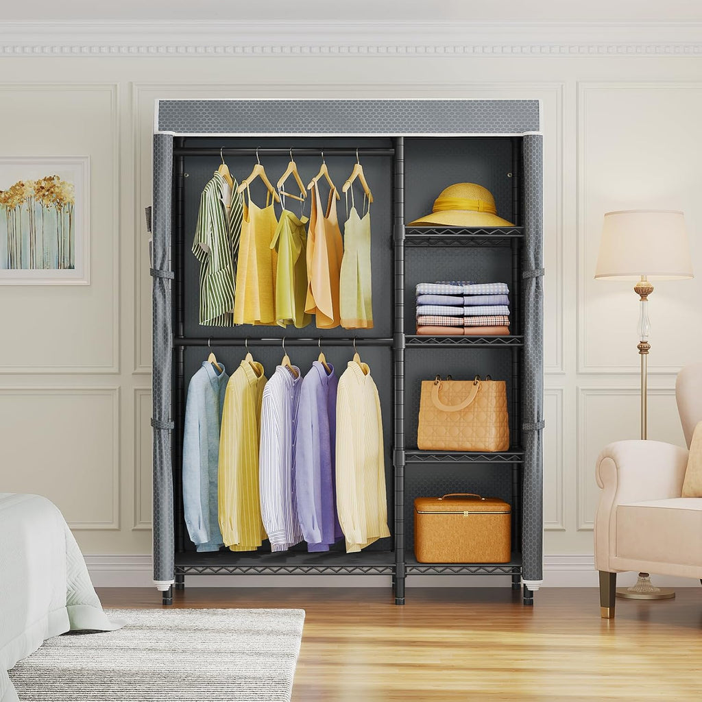 VIPEK V7C Garment Racks with Cover Portable Closets for Hanging Clothes, Heavy Duty Clothes Rack with Shelves Metal Closet Wardrobe, Max 670lbs, Black Rack with Grey Upgraded Polyester Cover