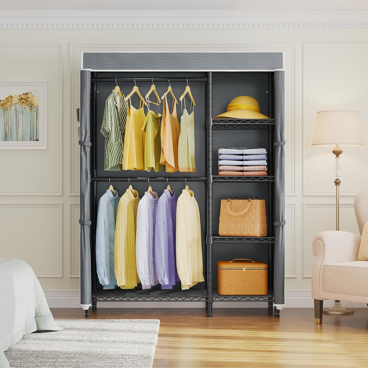 VIPEK V7C Garment Racks with Cover Portable Closets for Hanging Clothes, Heavy Duty Clothes Rack with Shelves Metal Closet Wardrobe, Max 670lbs, Black Rack with Grey Upgraded Polyester Cover