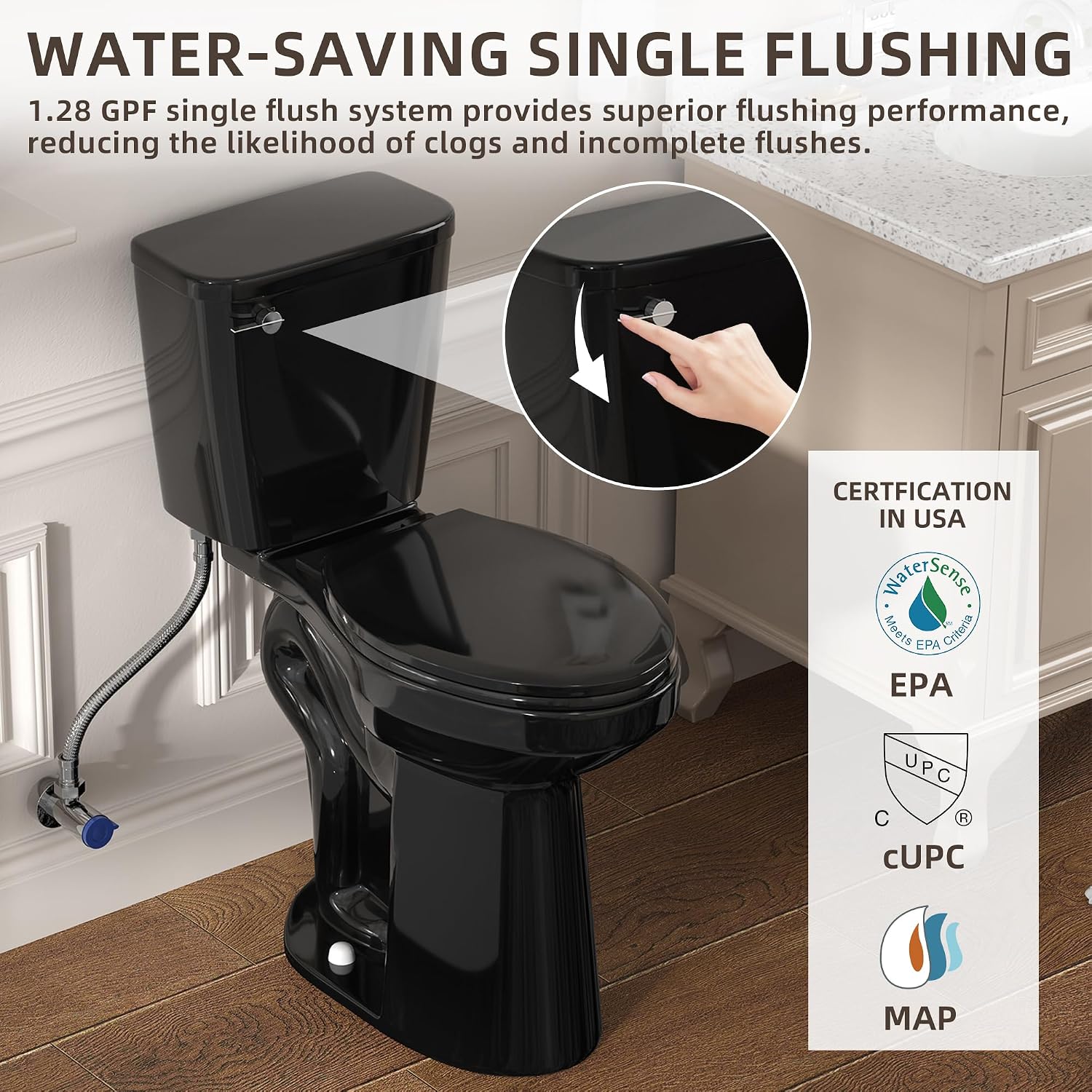 SUPERFLO Black Tall Toilet 21 Inch Extra Tall Toilets for Elderly with 1.28GPF Siphon Flush & Rough in 12 Inch, High Toilet for Seniors & Tall Person