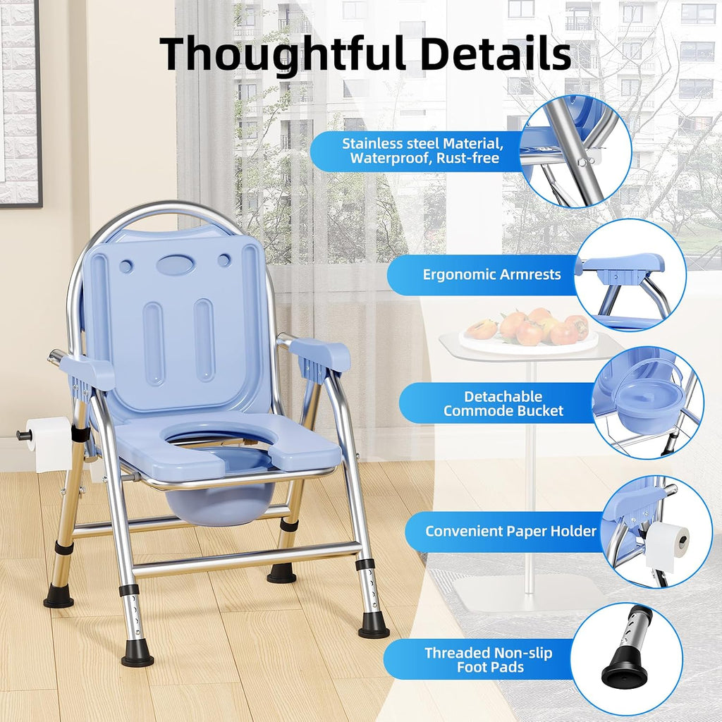 4 in 1 Folding Bedside Commode Chair for Elderly with Arms and Back,Adjustable Height Raised Toilet Seat with Handles,Adults Potty Chair for Seniors,Disabled,Holds Up to 350 lb (ABS Plastic Seat)
