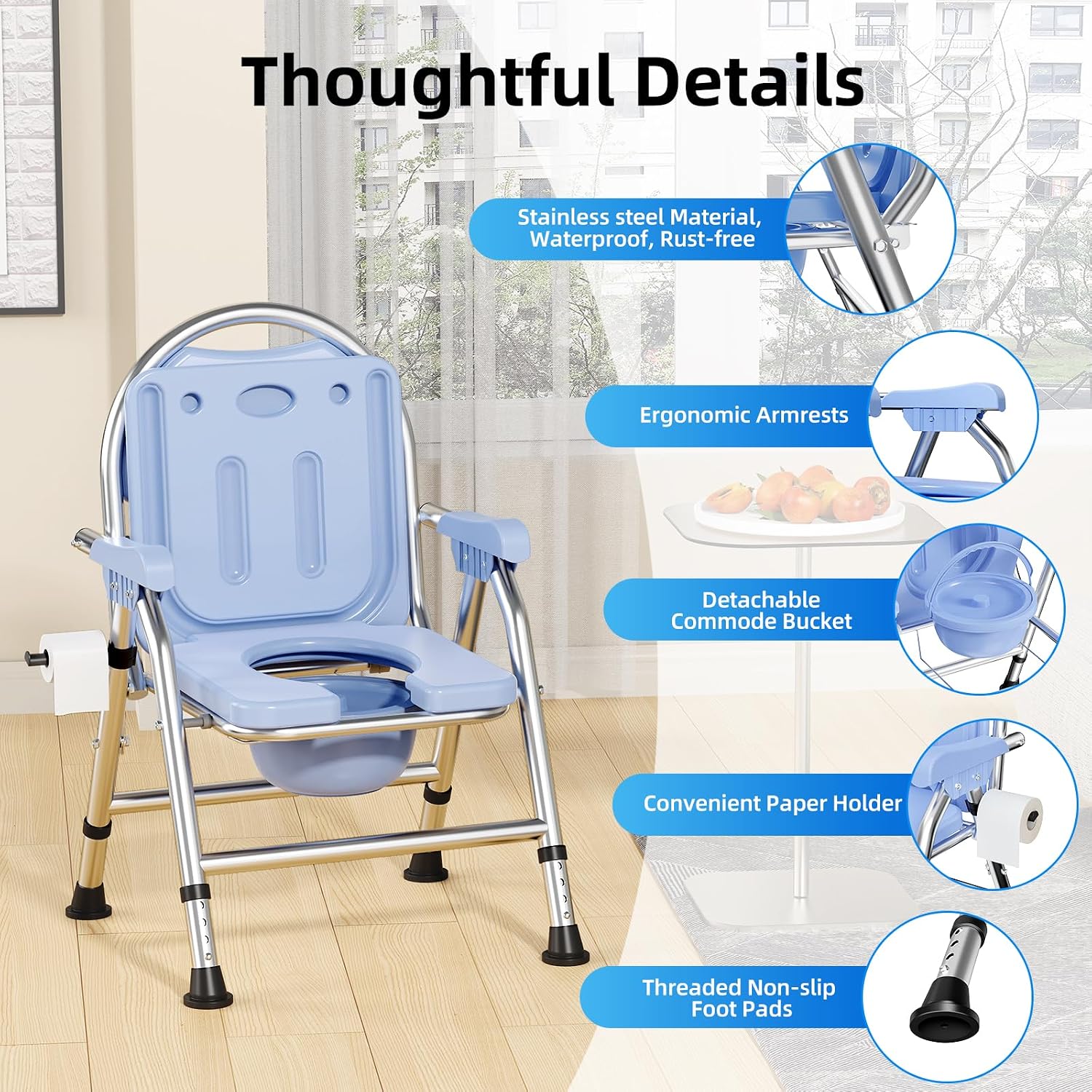 4 in 1 Folding Bedside Commode Chair for Elderly with Arms and Back,Adjustable Height Raised Toilet Seat with Handles,Adults Potty Chair for Seniors,Disabled,Holds Up to 350 lb (ABS Plastic Seat)