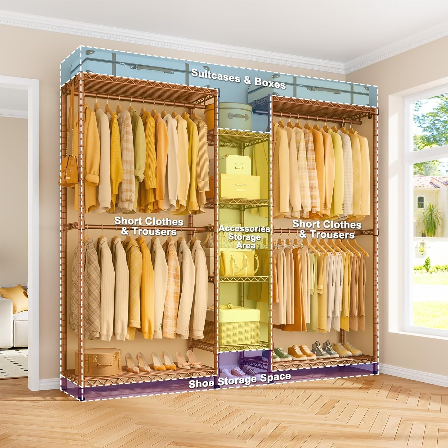 Ulif E4L L-shaped Clothes Rack, Heavy-Duty Garment Rack, Metal Freestanding Clothing Organization Storage System with Shelves and Hangers, Max Load 962lbs, 42.7' W x 42.7' D x 79.3' H, Bronze