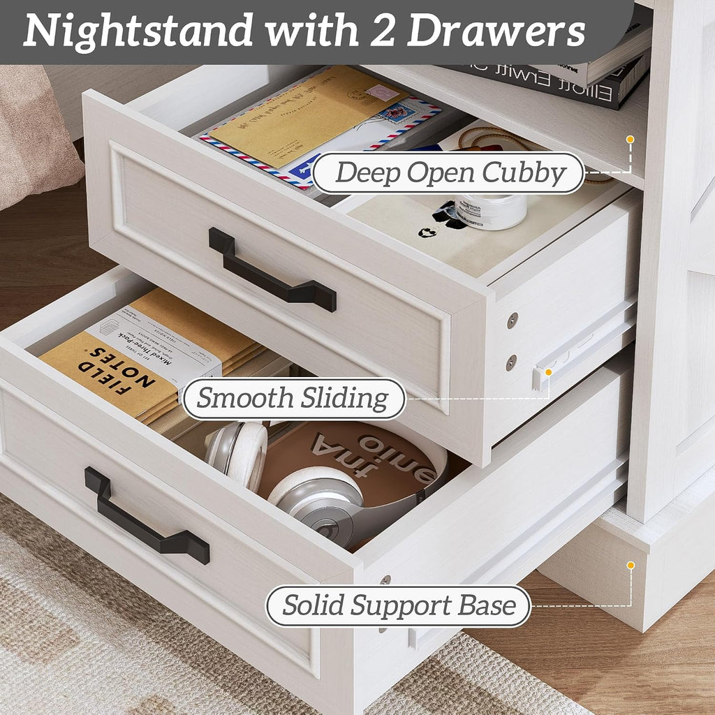 Fluest 24' Tall Farmhouse Nightstands Set of 2, Night Stands with Fast Charging Station, Beside Tables with Drawers and Open Storage, Rustic End Tables for Bedroom, Antique White