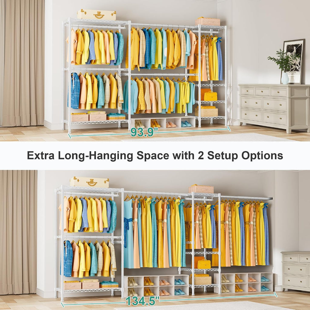 SEMHOR E01 Expandable Heavy Duty Clothes Rack, Free Standing Closet System Organizer, Adjustable Portable Carbon Steel Garment & Clothing Racks for Hanging Clothes (72.5-96'), 800LBS Max Load, White