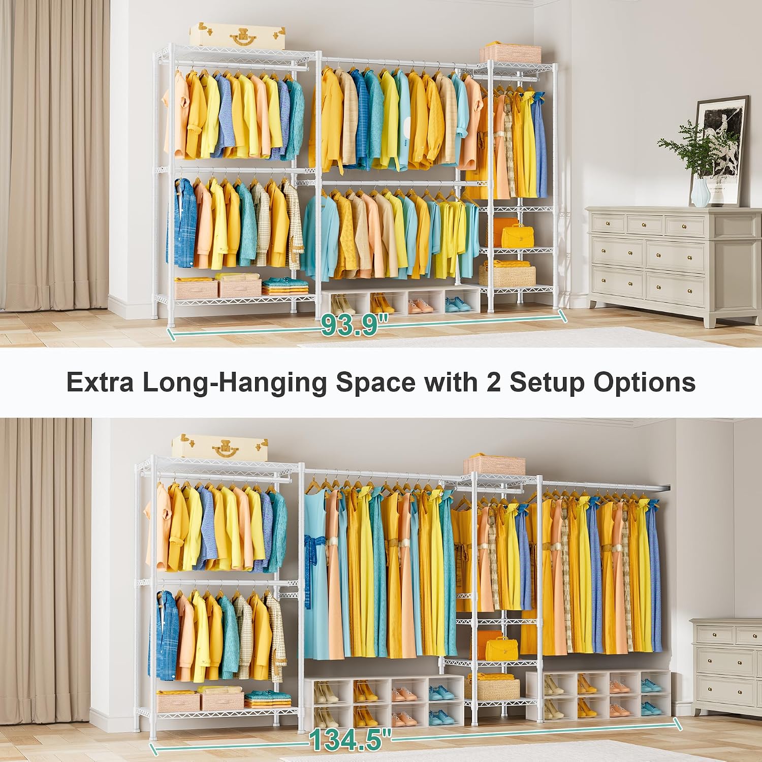 SEMHOR E01 Expandable Heavy Duty Clothes Rack, Free Standing Closet System Organizer, Adjustable Portable Carbon Steel Garment & Clothing Racks for Hanging Clothes (72.5-96'), 800LBS Max Load, White