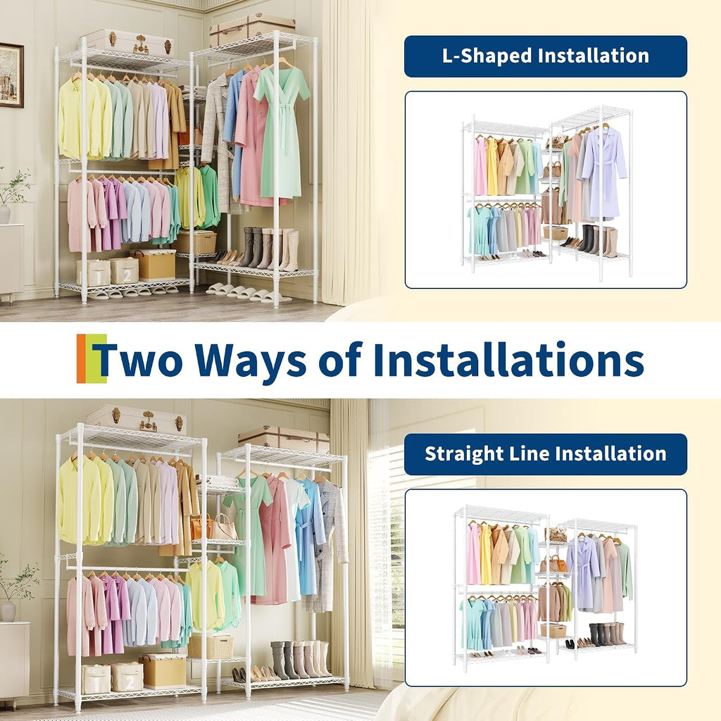 1630 LBS Heavy Duty Clothes Rack with Adjustable Shelves, 5 Tiers L-Shaped Freestanding Closet Organizer and Storage for Hanging Clothes, 85.4' W x 17.4' D x 70.5' H