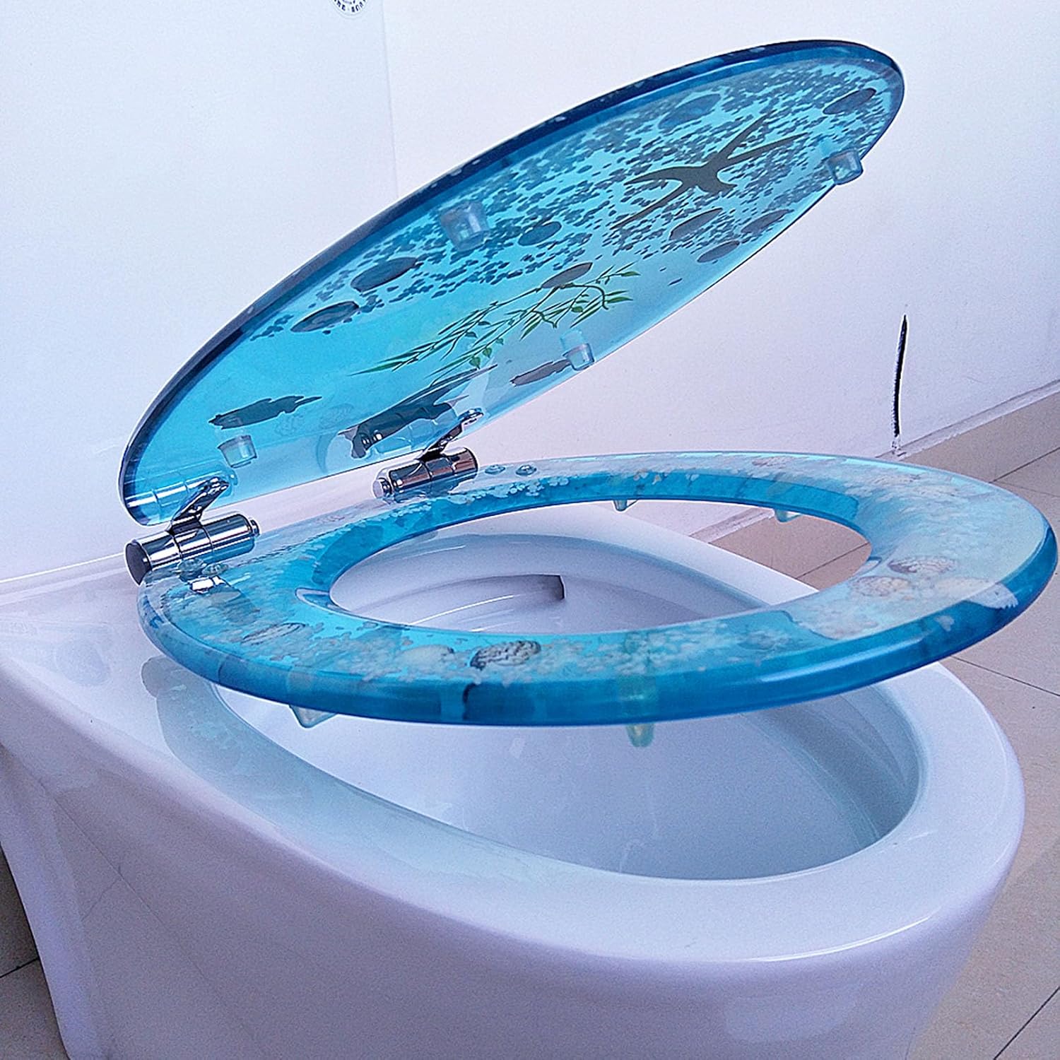 Toilet Seat Elongated with Cover Soft Close, Silent Slow Drop, Ergonomic Design Toilet Lid Suitable to Elongated or Oval Toilets, 3D Effects Decorative(Blue Bream)