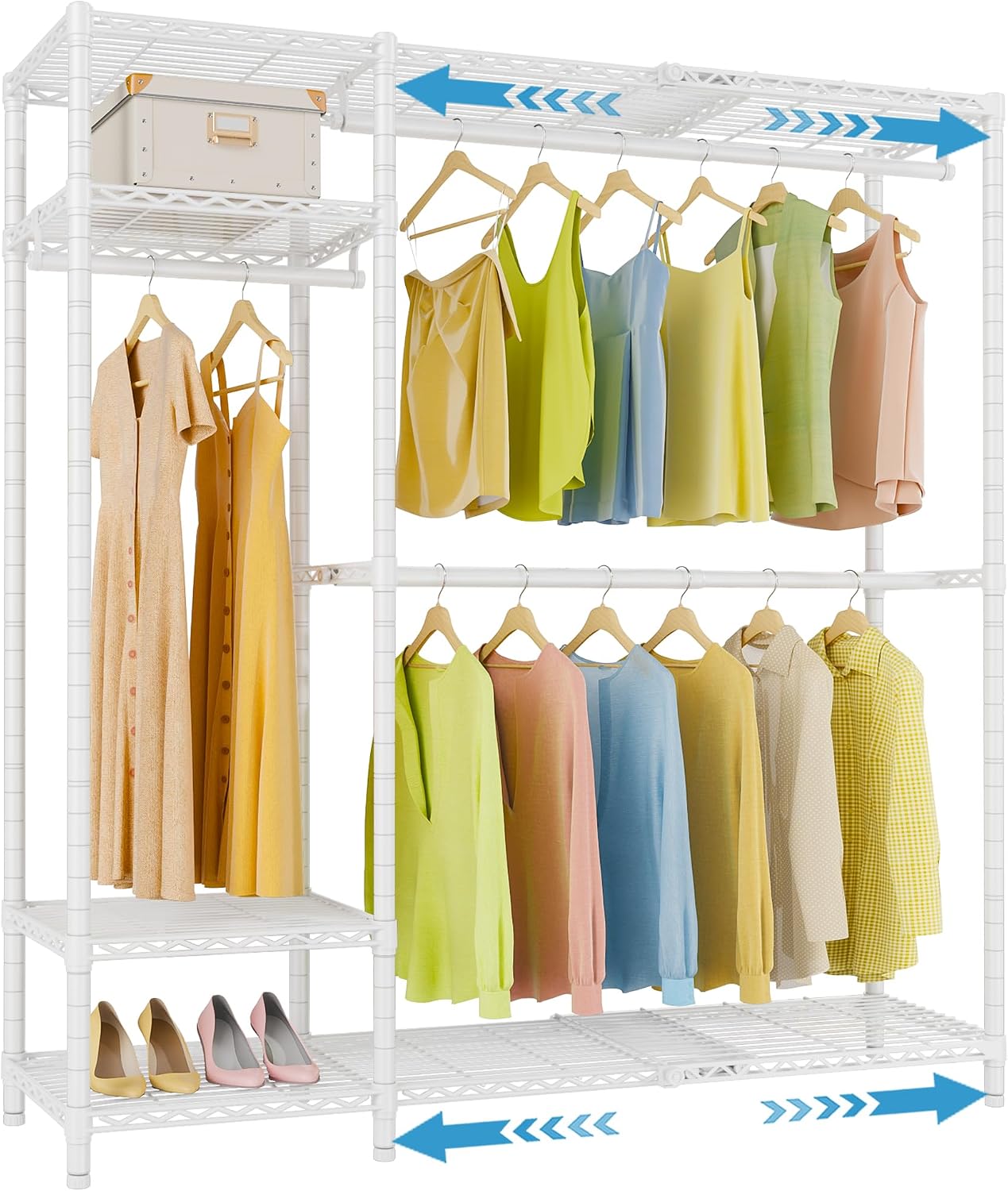 VIPEK X20 Expandable Metal Clothing Rack Adjustable from 3'3' to 4'8' Heavy Duty Garment Racks with Adjustable Shelves and Hanger Rods Portable Wardrobe Open Closet Rack System, White