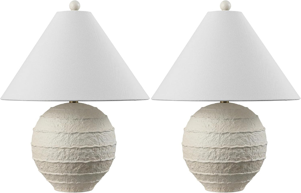 JONATHAN Y 21' Antique White Coastal Cottage Textured Resin Table Lamp Set of 2, Farmhouse Ridged Nightstand Lamps for Living Room Bedroom, White Linen Shade, LED Bulbs JYL9205A-SET2