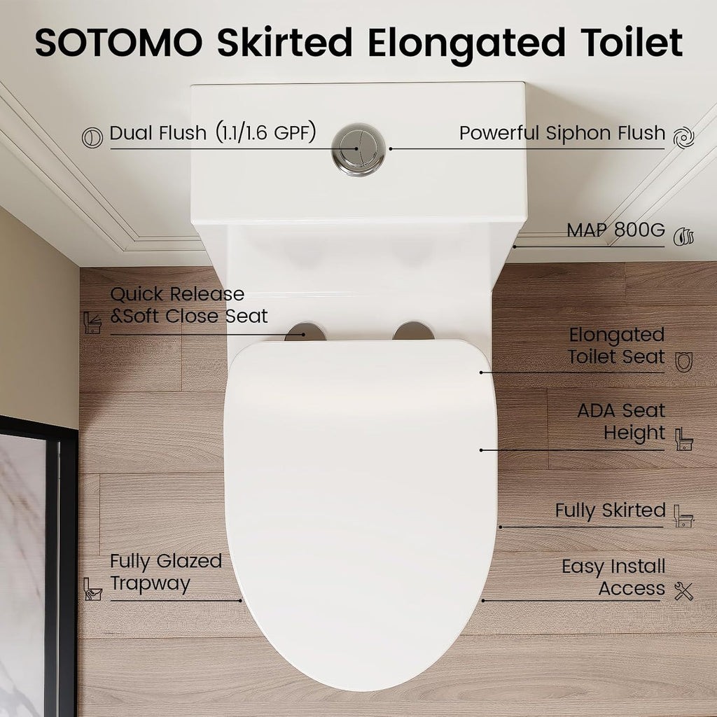 SOTOMO Compact ADA Toilet, 12' Rough-in Elongated One-Piece Toilet with Quick Release & Soft Close Toilet Seat, 1.1/1.6 GPF Dual Flush Water-Saving White, aMJ-T138