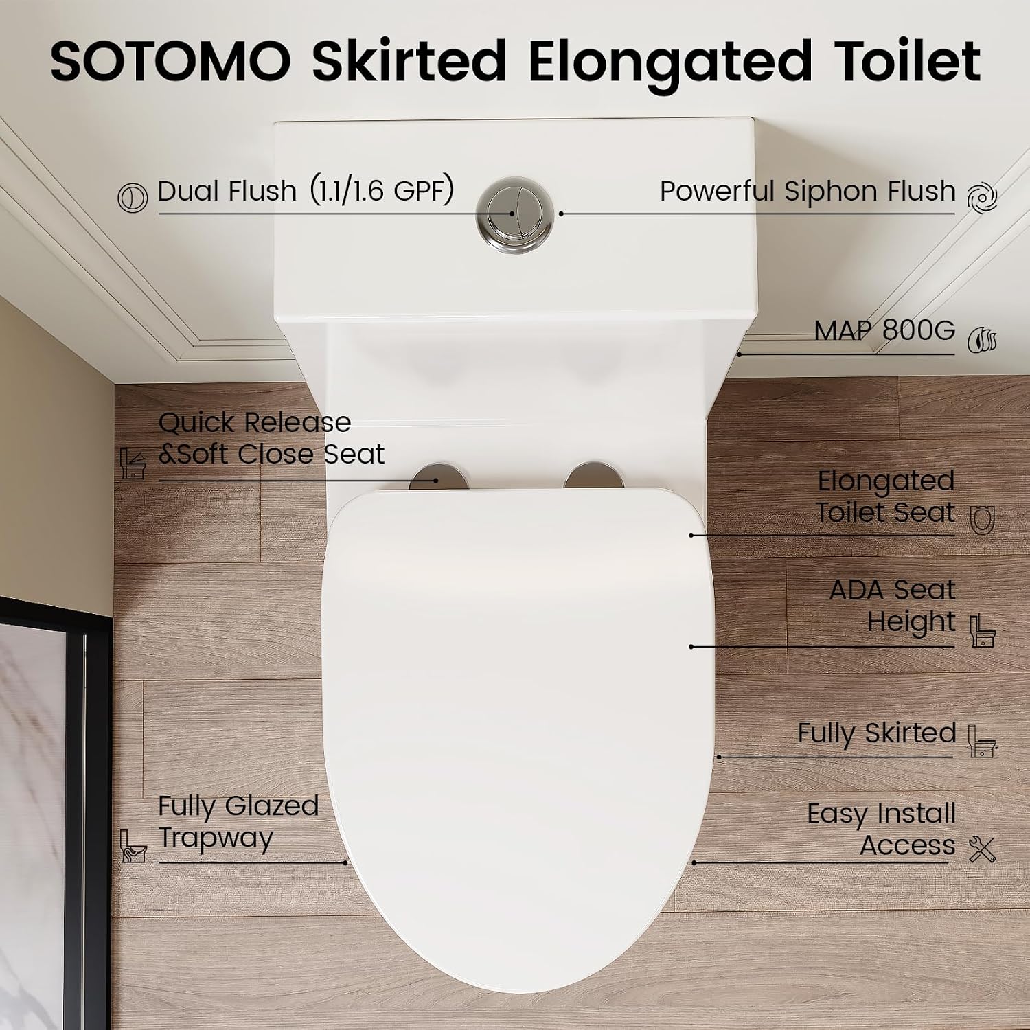 SOTOMO Compact ADA Toilet, 12' Rough-in Elongated One-Piece Toilet with Quick Release & Soft Close Toilet Seat, 1.1/1.6 GPF Dual Flush Water-Saving White, aMJ-T138