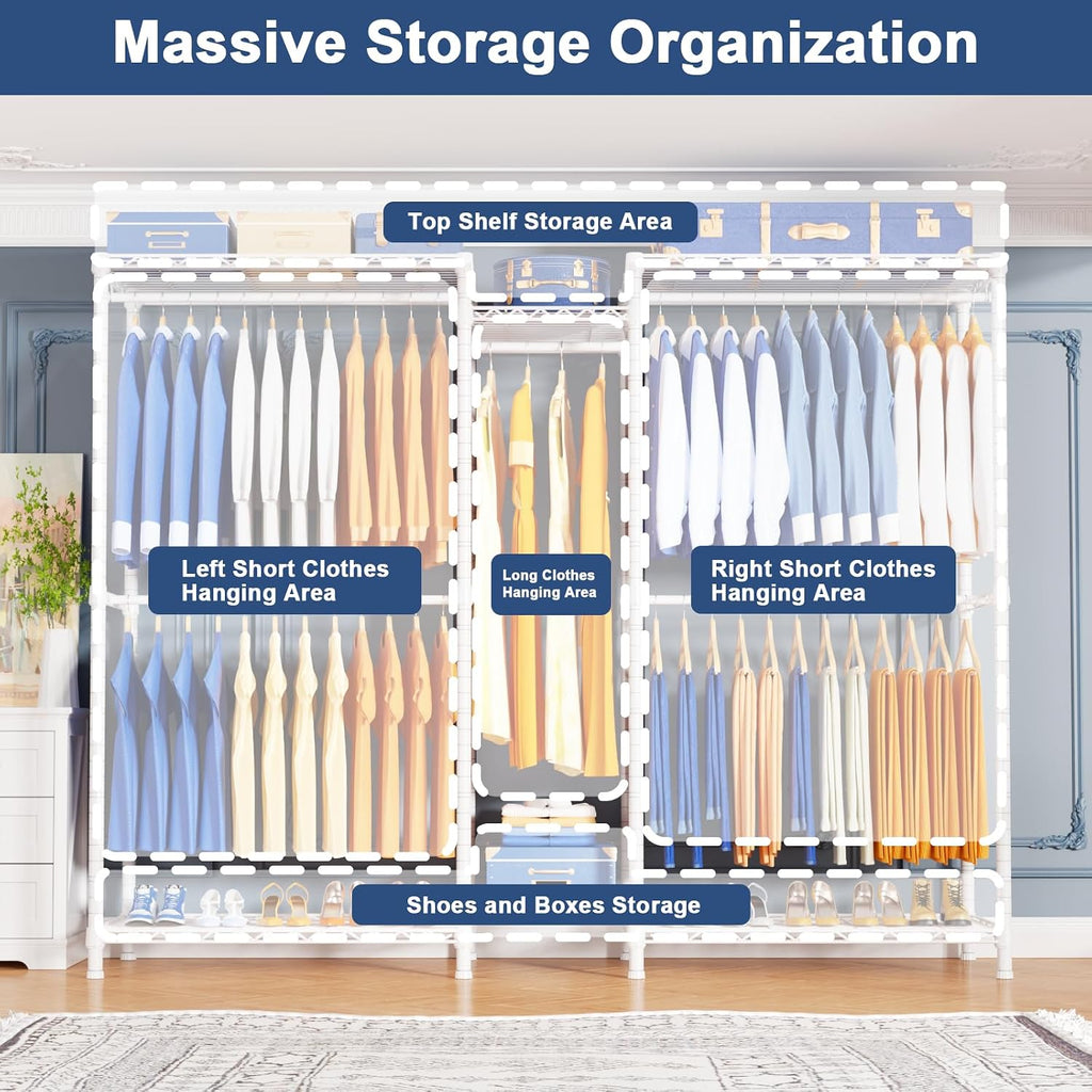 Ulif E12C Pro Heavy Duty Closet Organizer System，Freestanding Clothing Racks for Hanging Clothes，Adjustable Garment Rack 71'W x 16'D x 76.5'H Hold 960lbs，White Clothing Rack with Black Dustproof Cover