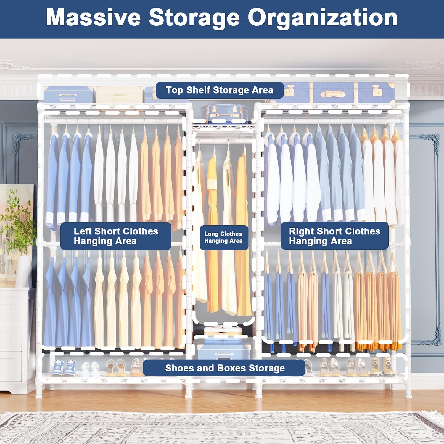 Ulif E12C Pro Heavy Duty Closet Organizer System，Freestanding Clothing Racks for Hanging Clothes，Adjustable Garment Rack 71'W x 16'D x 76.5'H Hold 960lbs，White Clothing Rack with Black Dustproof Cover