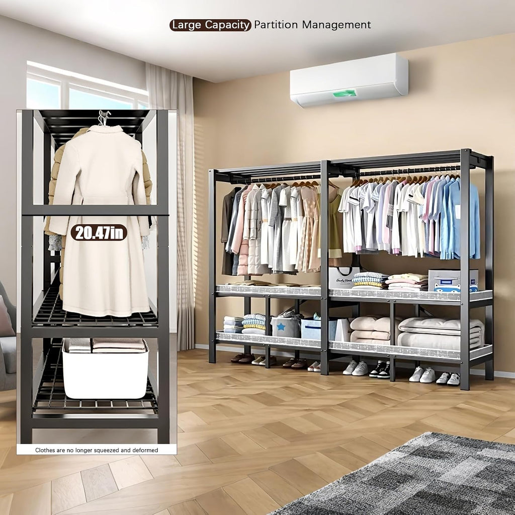 95.3in Foldable Portable Wardrobe Closet with Cover, Heavy Duty Clothing Rack for Hanging Clothes has 59in Vertical Storage Space, Coffee Metal Garment Rack (Coffee)