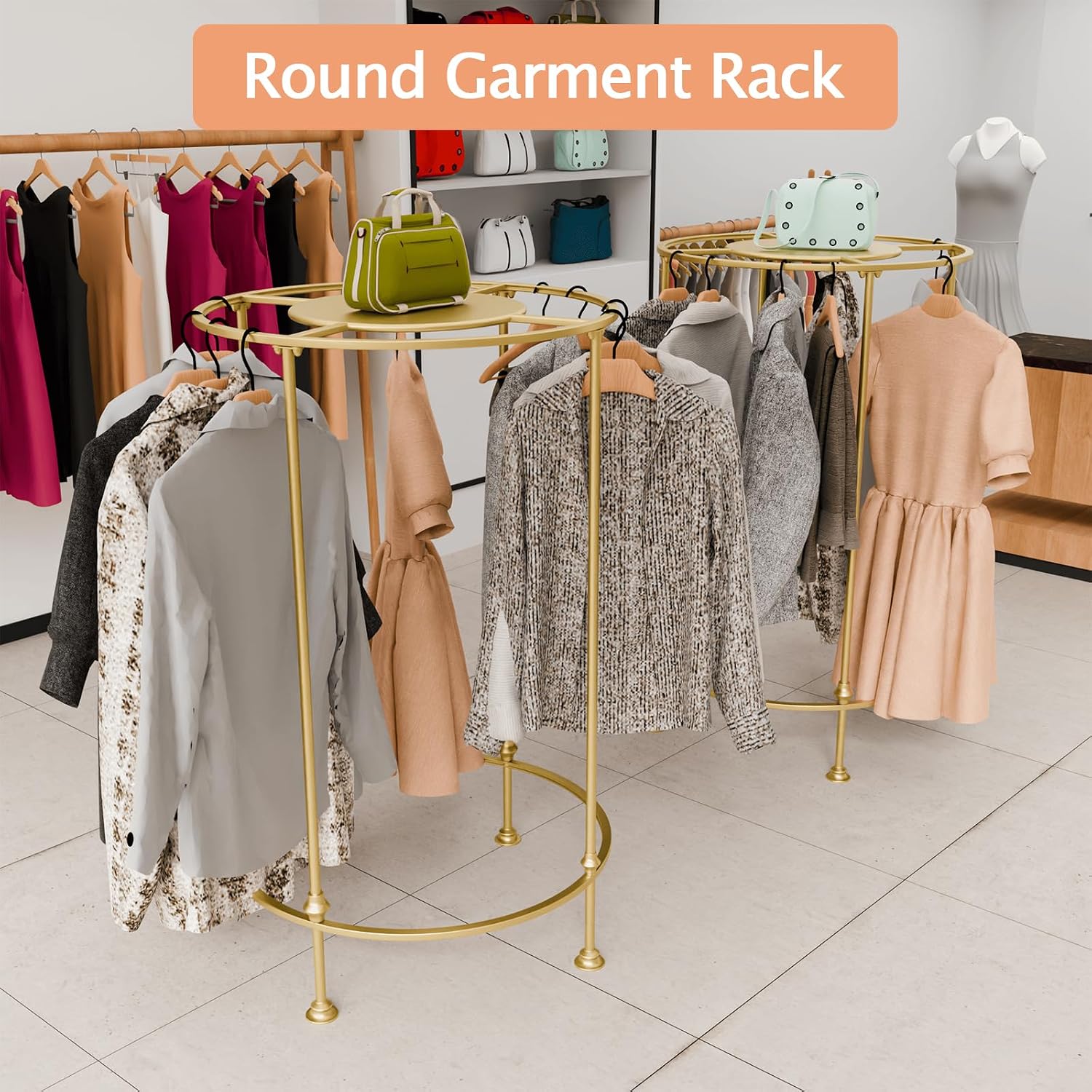 Round Garment Rack,Freestanding Round Clothing Rack,Iron Clothes Hanging Rack with Topper,Metal Clothing Rack for Shopping Malls Retail Boutique Display Laundry Rooms Bedroom (Gold)