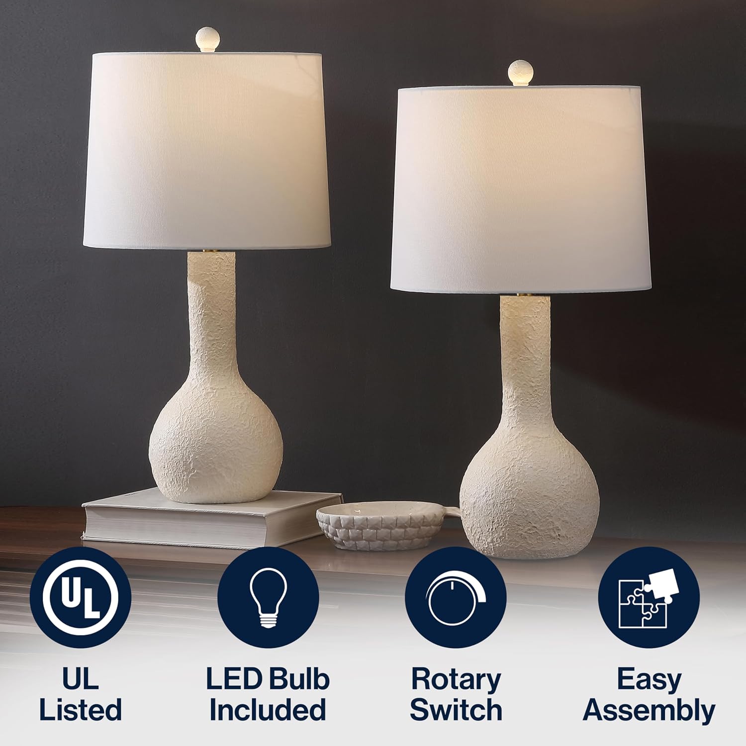 JONATHAN Y 24.75' Antique White Modern Table Lamp Set of 2 for Bedroom, Scandinavian Textured Gourd Lamps for Living Room, White Linen Shade, LED Bulbs Included JYL9207A-SET2
