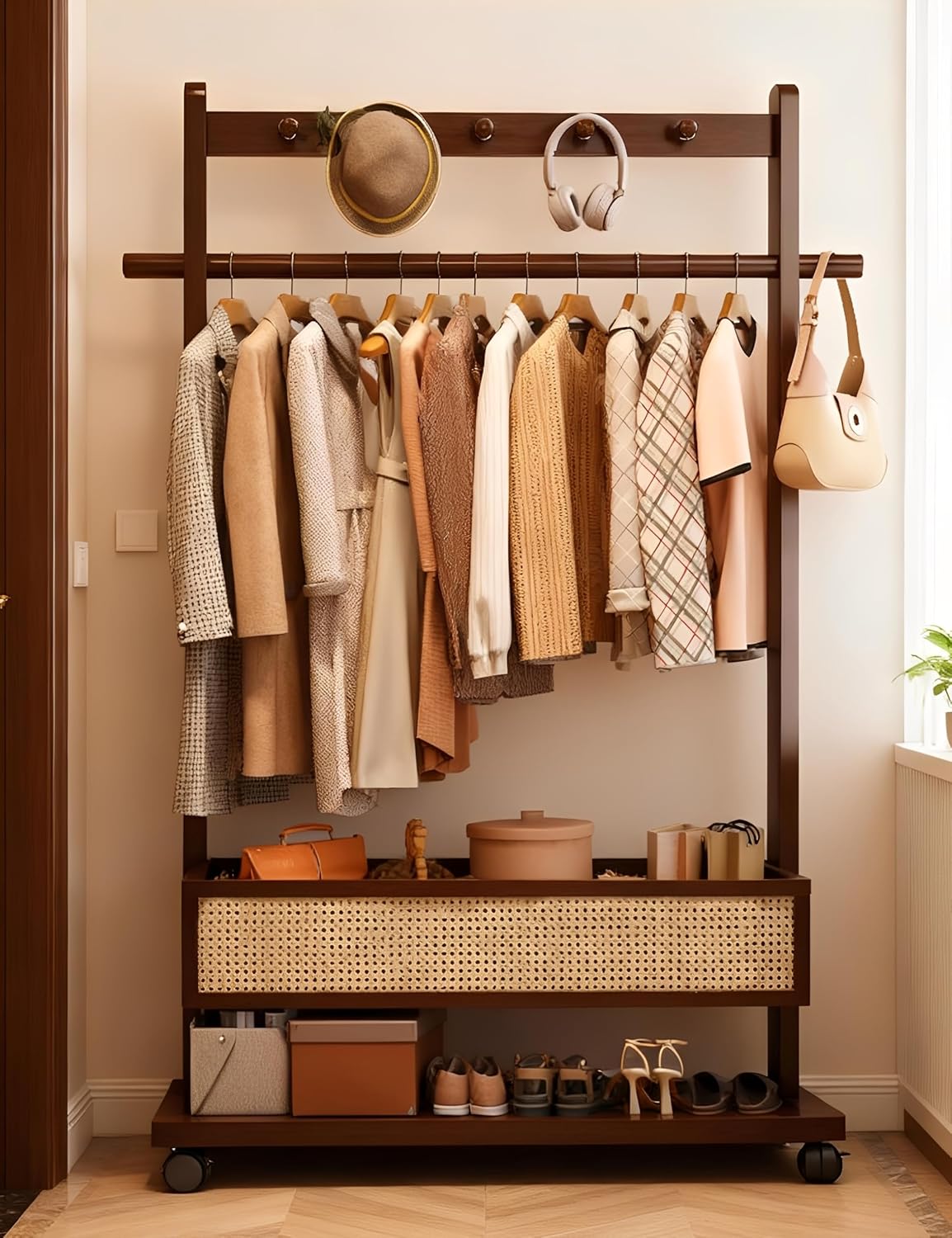 Garment Rack With Storage Basket Bamboo Clothing Rack for Hanging Clothes Rolling Clothes Rack for Small Spaces Standing Coat Rack for Bedroom Living Room (33.5' W x 12.6' D x 68.1' H)