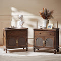 HULALA HOME End Table with Doors and Drawer, Traditional Side Table with Solid Wood Legs, Adjustable Shelf, Charging Station, Walnut