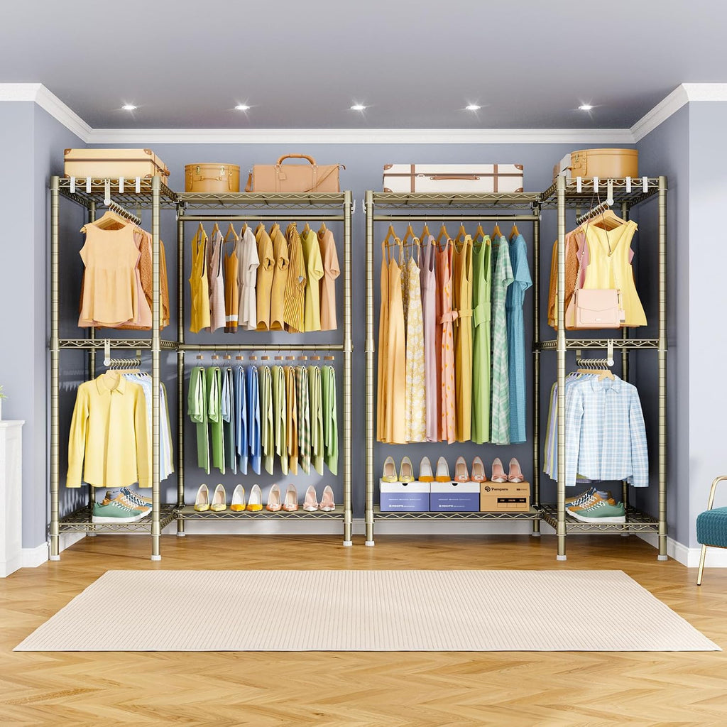 ULIFHOME E15 Garment Rack L Shaped Clothes Rack for Corner，Freestanding Clothing Racks for Hanging Clothes，Heavy Duty Closet Organizer with 4 Hanging Rods & 8 S Hooks，43.4' W x 15.8' D x 78.4' H，Gold