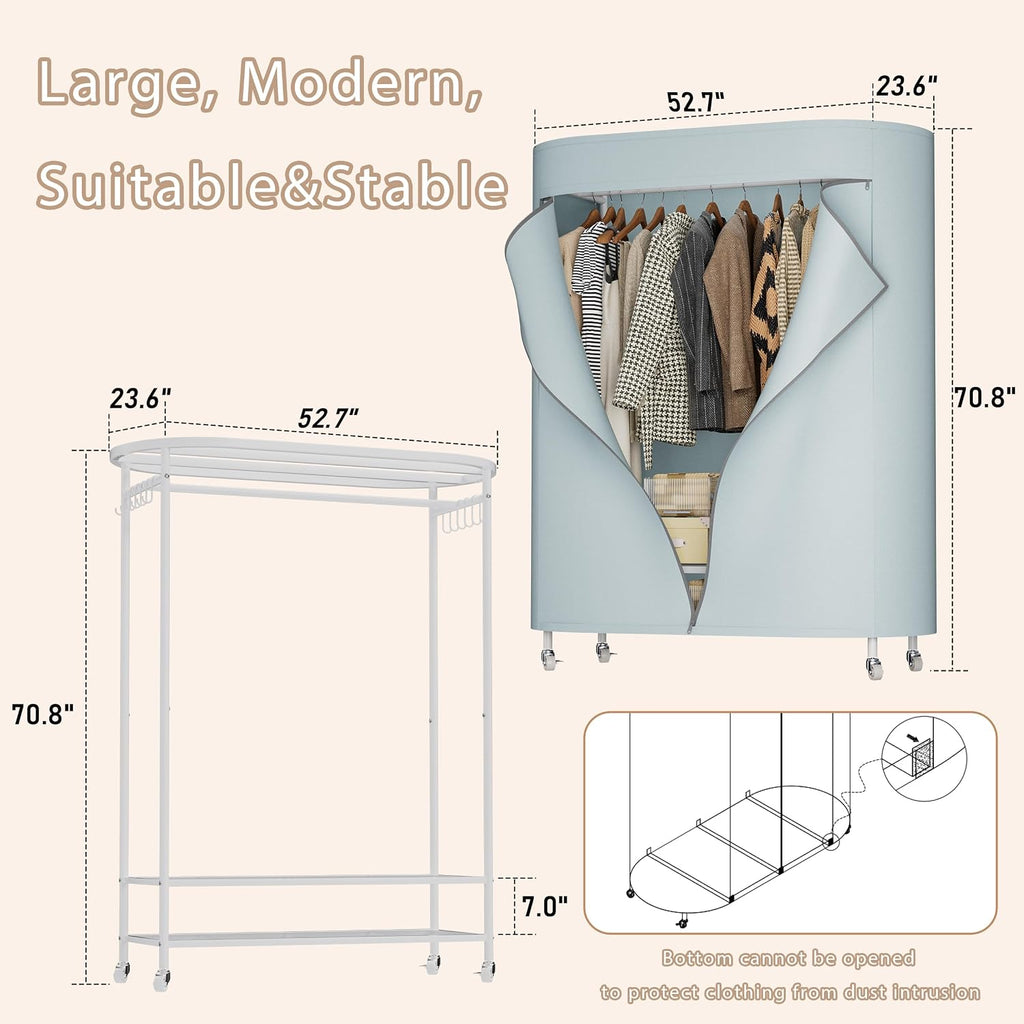 Clothes Rack with Cover, Heavy Duty Portable Closet for Hanging Clothes, Rolling Clothing Closet, Garment Rack with Wheels&Side Hooks, Closet Organizers and Storage with Cover, Max Load 380LBS, White