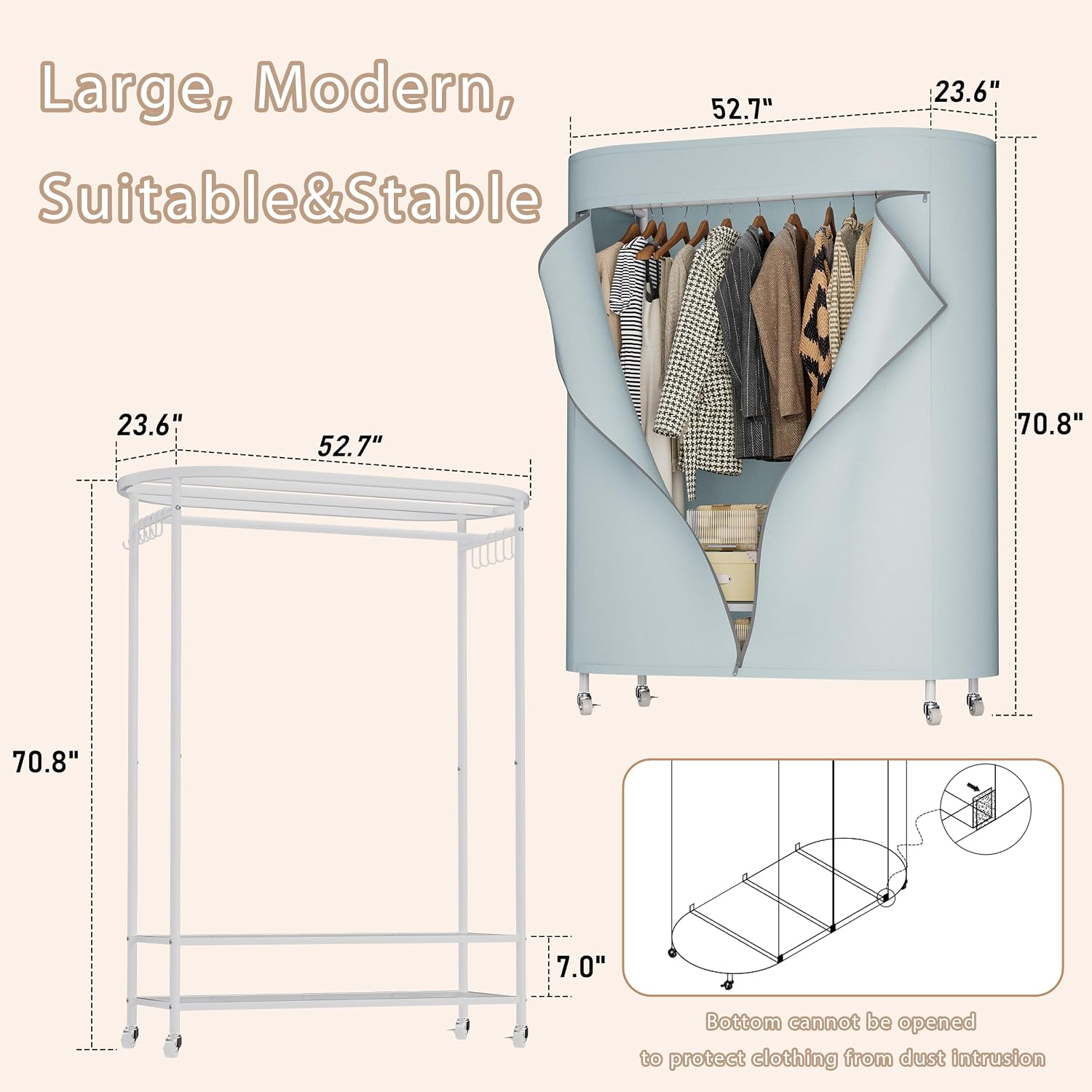 Clothes Rack with Cover, Heavy Duty Portable Closet for Hanging Clothes, Rolling Clothing Closet, Garment Rack with Wheels&Side Hooks, Closet Organizers and Storage with Cover, Max Load 380LBS, White