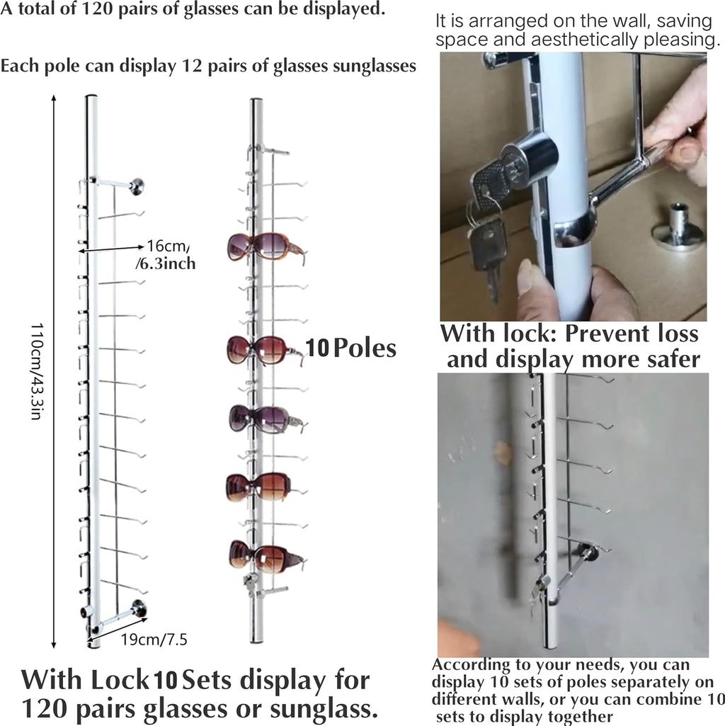 Eyewear Display Sunglass Display Stand Store Retail Display Glasses Holder Stand Sunglasses Display Stand Sunglasses Sunglasses Rack (Wall Riser Display 120 Pairs(With Lock))