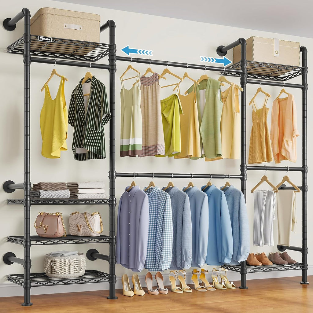 Timate F3 Medium Wall Mounted Clothes rack Expandable Closet, Industrial Pipe Clothing Rack for Hanging Clothes, Heavy Duty Clothes Rack with Shelves, Garment Rack Wall Closet System Black Pipe Closet