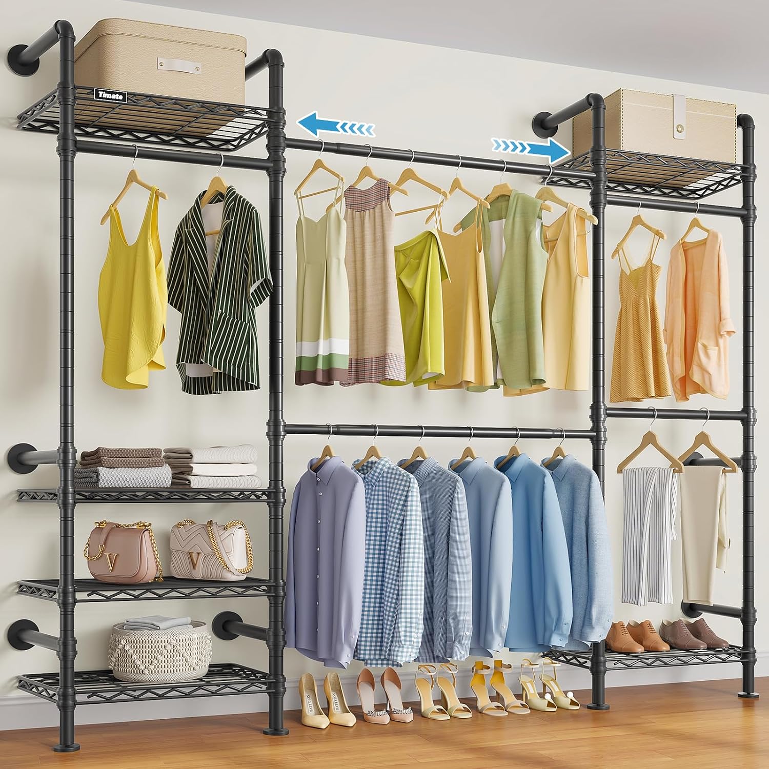Timate F3 Medium Wall Mounted Clothes rack Expandable Closet, Industrial Pipe Clothing Rack for Hanging Clothes, Heavy Duty Clothes Rack with Shelves, Garment Rack Wall Closet System Black Pipe Closet