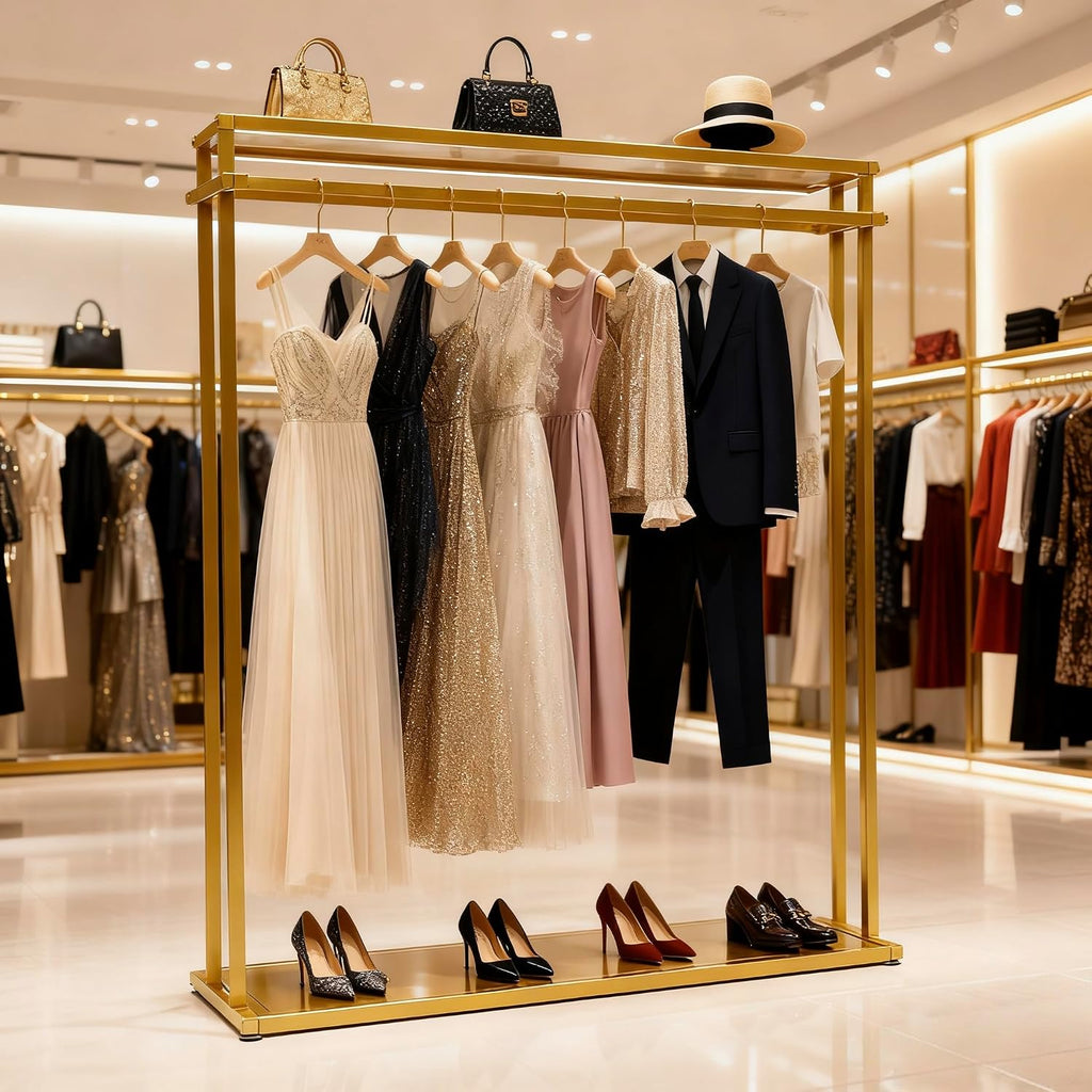Retail Clothes Display Wedding Dress Rack Heavy Duty Metal Gold Garment Rack, Clothing Store Studio Boutique Racks for Hanging Long Dresses Wedding Dress Commercial Floor-Standing Shelves 67 inch