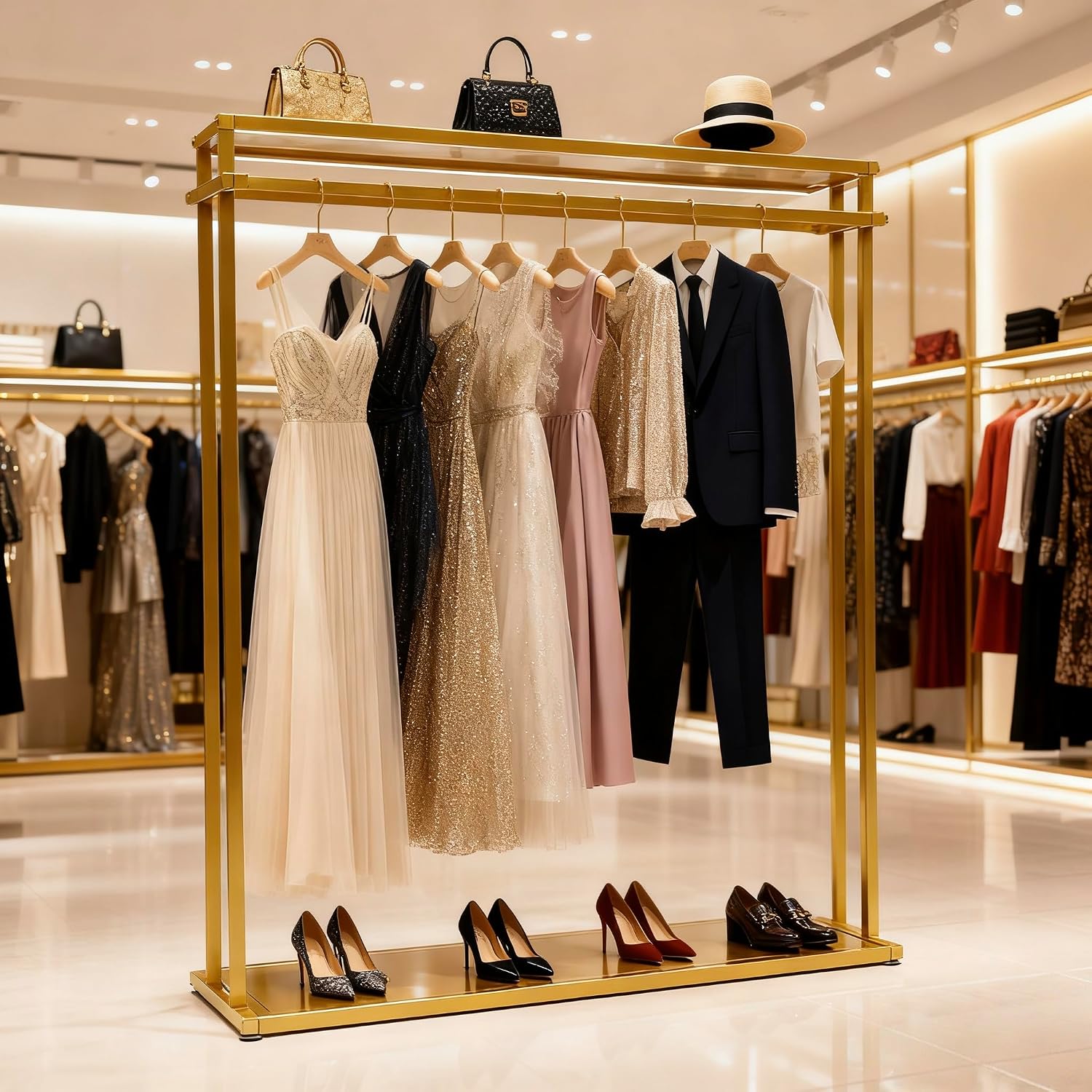 Retail Clothes Display Wedding Dress Rack Heavy Duty Metal Gold Garment Rack, Clothing Store Studio Boutique Racks for Hanging Long Dresses Wedding Dress Commercial Floor-Standing Shelves 67 inch