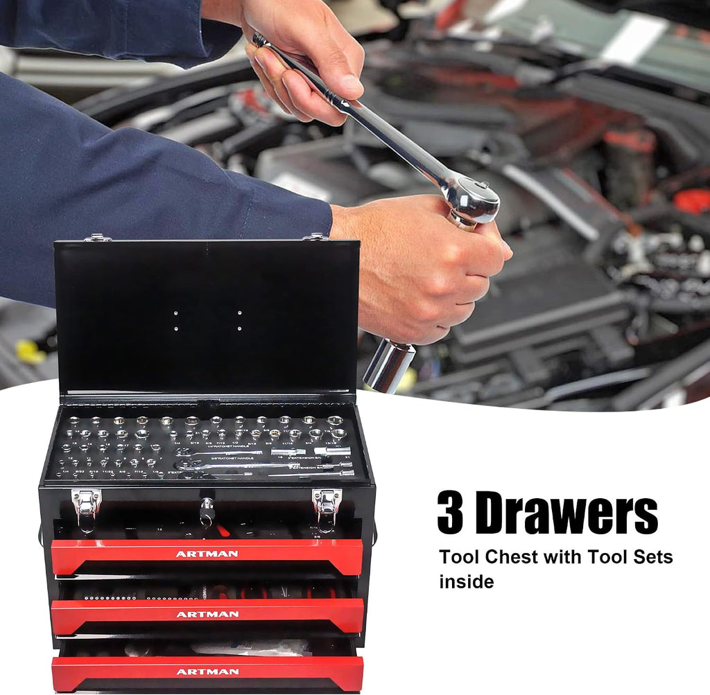 3 Drawer Tool Chest 439-Piece Mechanics Tool Set with Lock, Portable Household Tool Kit Heavy Duty Metal Tool Box for Garage, Warehouse,Workshop and Auto Repair (Red)