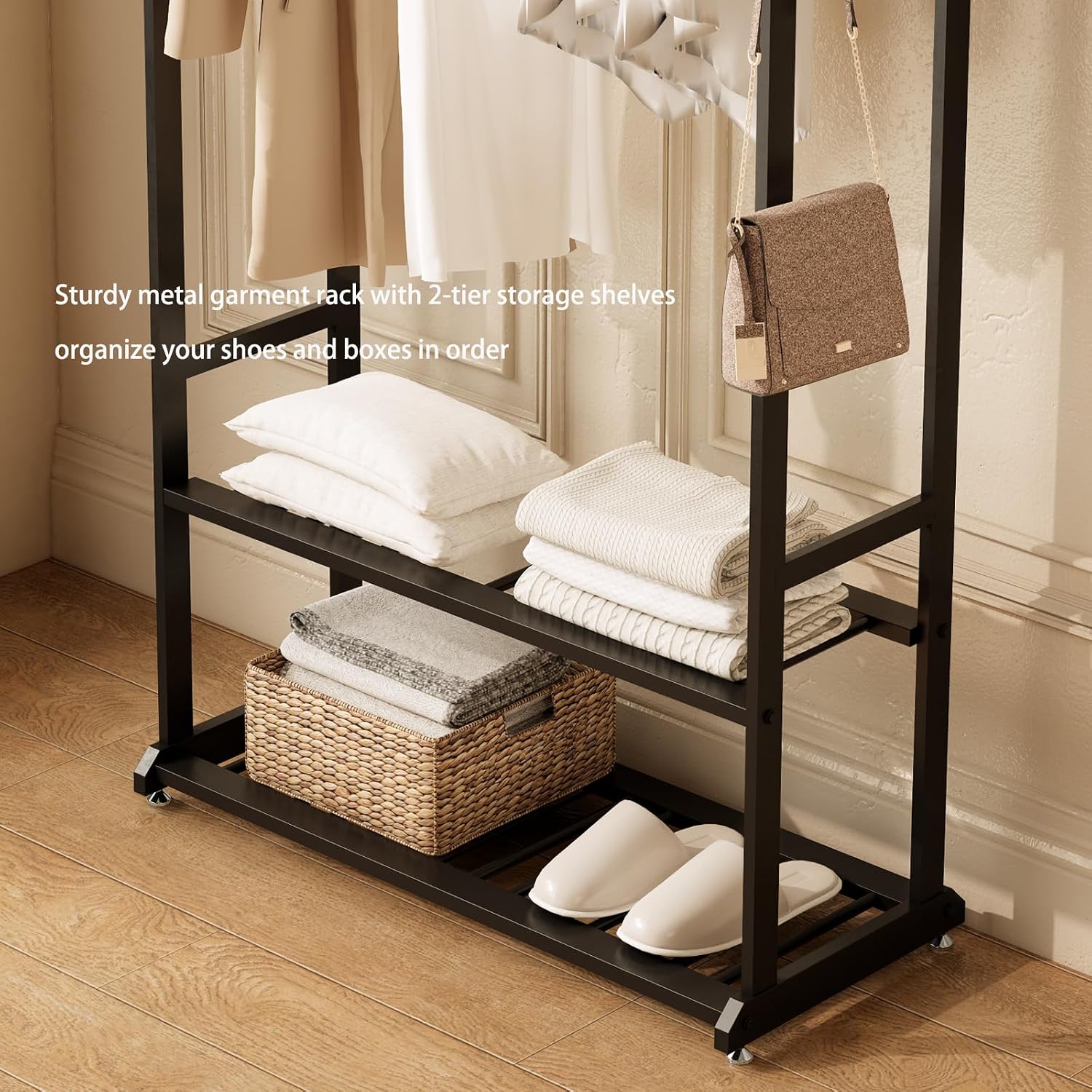Sturdy metal clothes rack,Black freestanding clothing rack with bottom shelves and 6 side hooks,garment rack for hanging clothes,Modern wardrobe rack for Bedroom or cloakrooms