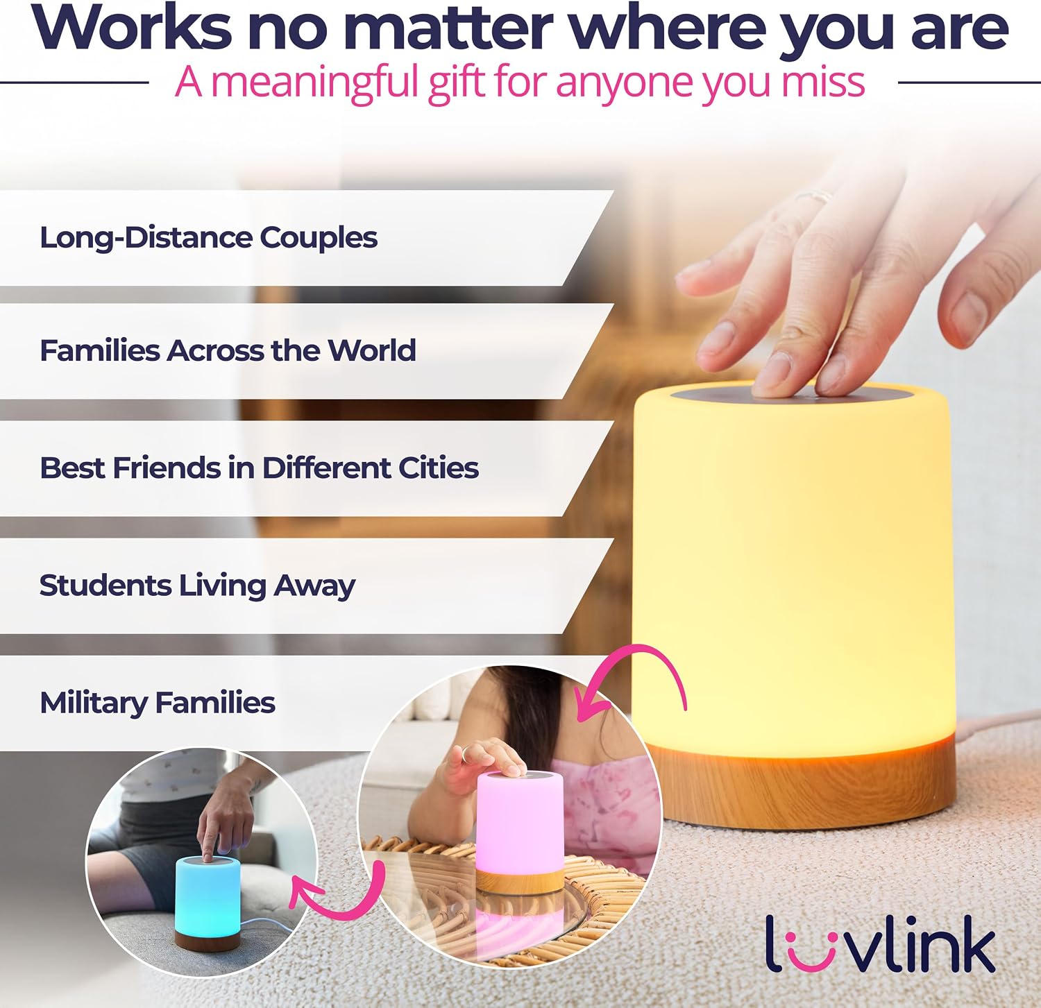 LuvLink Friendship Lamps No Subscription WiFi Touch Lamp for Long Distance Relationships, Couples, Friends & Family - Gift Ready (Set of Three)