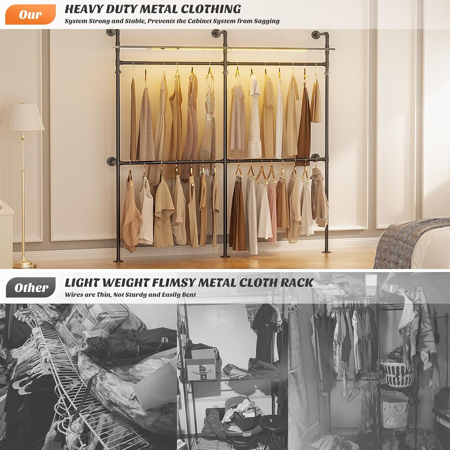 Aheaplus Industrial Pipe Clothing Rack, Reversible 79.7'' Clothes Rack for Hanging Clothes, Heavy Duty Garment Racks Closet Wardrobe Racks with LED Lights& Shelves, Walk-in Closet System, Black Oak