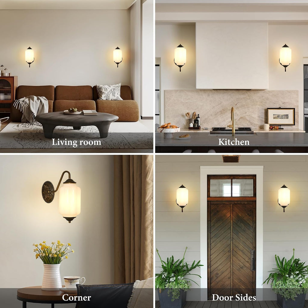 Vintage Milk Glass Wall Sconce - Set of 2 White Dimmable Wall Mount Lighting with Bulbs - Antique Brass Gold Sconces - Mid Century Vanity Light Fixture for Bathroom Bedroom Living Room Hallway Decor