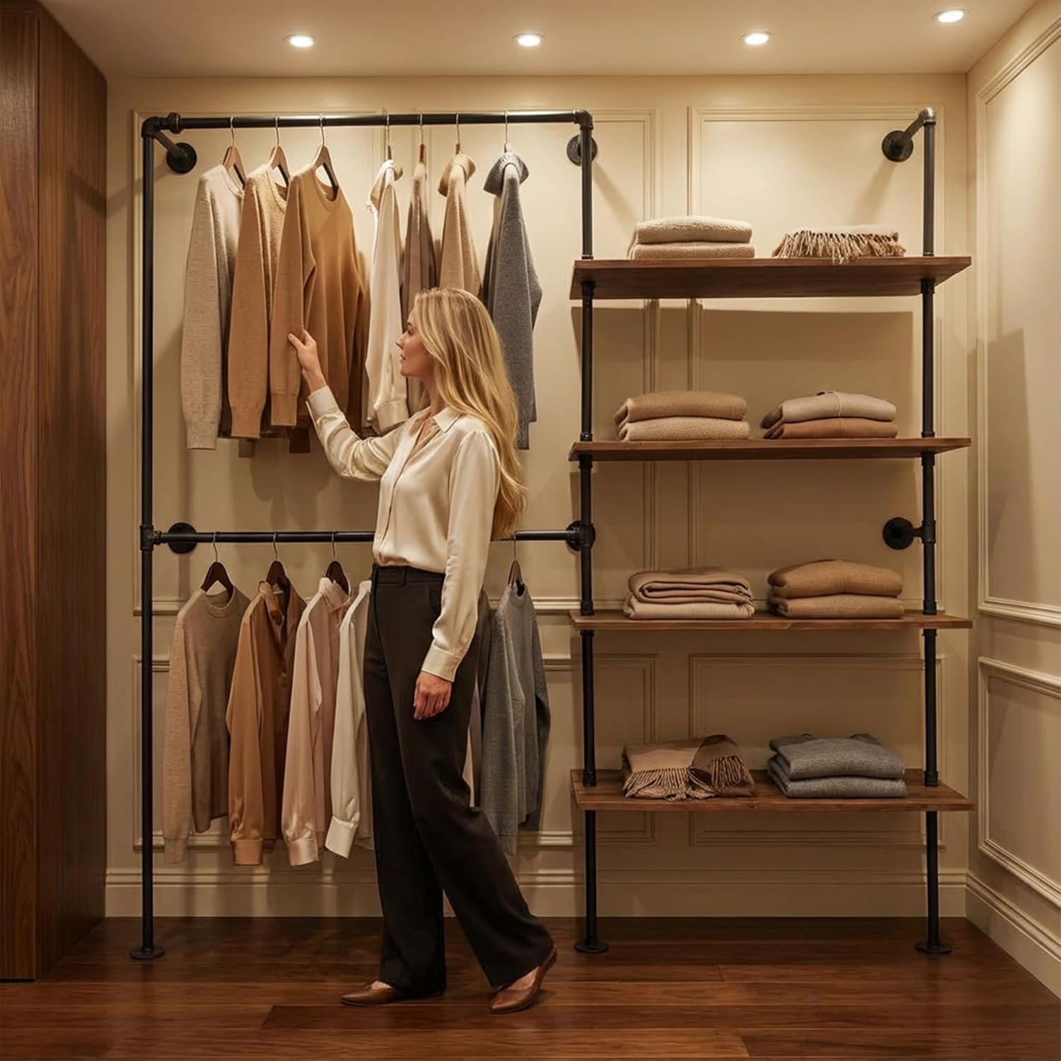 Industrial Pipe Clothing Rack, Wall Mounted Garment Black Wall Hanging Clothing Rack, Heavy Duty Clothes Rack for Walk in Closet Storage, Laundry Room, 14.6x76x82.7 Inches, Model Y02